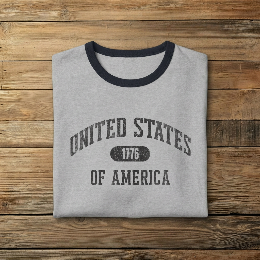 United States of America 1776 Vintage Collegiate Ringer Tee – Black Graphic – Neutrals with Black Trim
