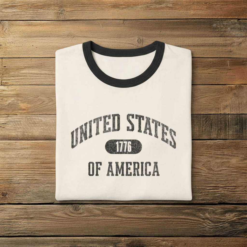 United States of America 1776 Vintage Collegiate Ringer Tee – Black Graphic – Neutrals with Black Trim
