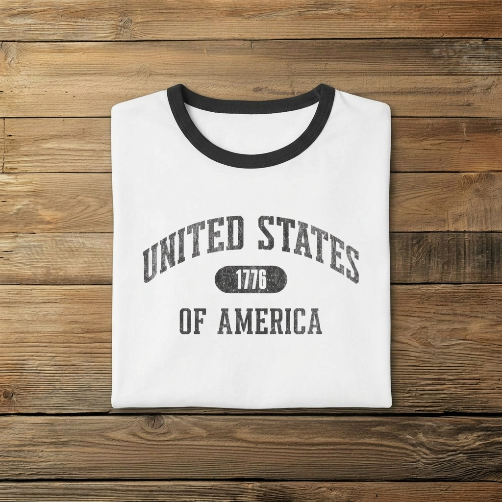 United States of America 1776 Vintage Collegiate Ringer Tee – Black Graphic – Neutrals with Black Trim