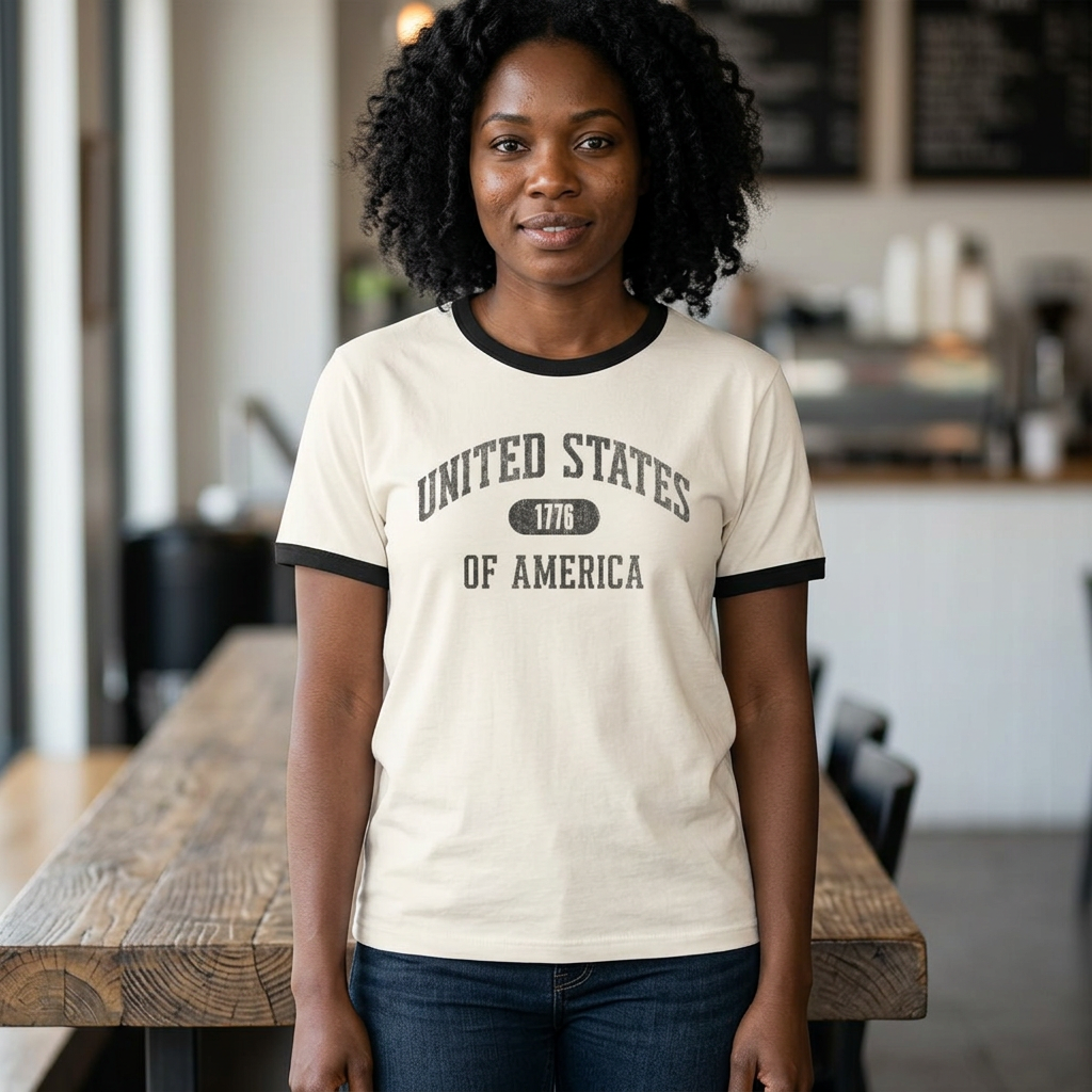 United States of America 1776 Vintage Collegiate Ringer Tee – Black Graphic – Neutrals with Black Trim