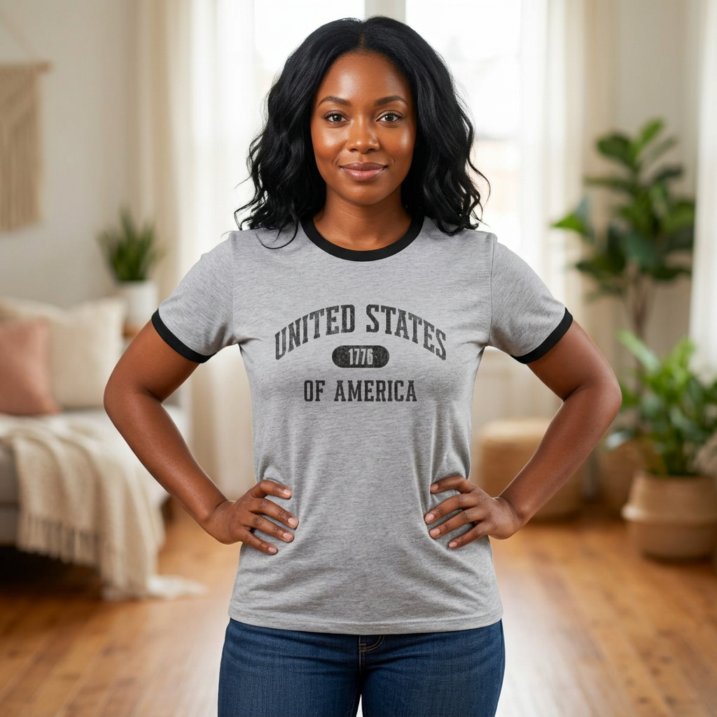 United States of America 1776 Vintage Collegiate Ringer Tee – Black Graphic – Neutrals with Black Trim