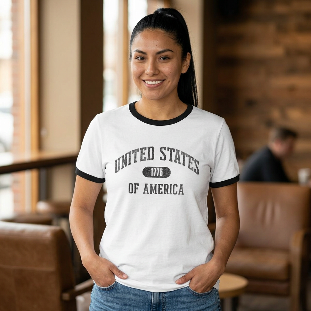 United States of America 1776 Vintage Collegiate Ringer Tee – Black Graphic – Neutrals with Black Trim