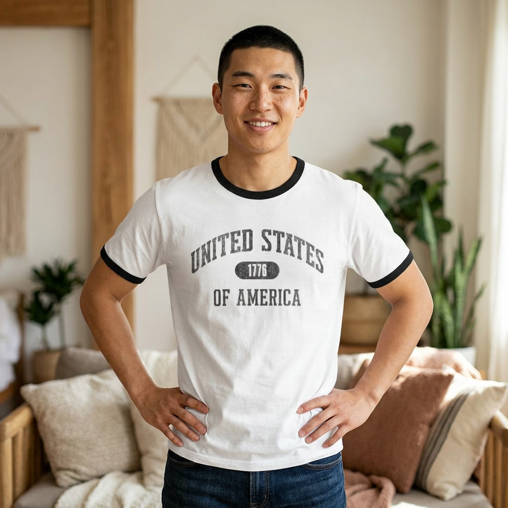 United States of America 1776 Vintage Collegiate Ringer Tee – Black Graphic – Neutrals with Black Trim