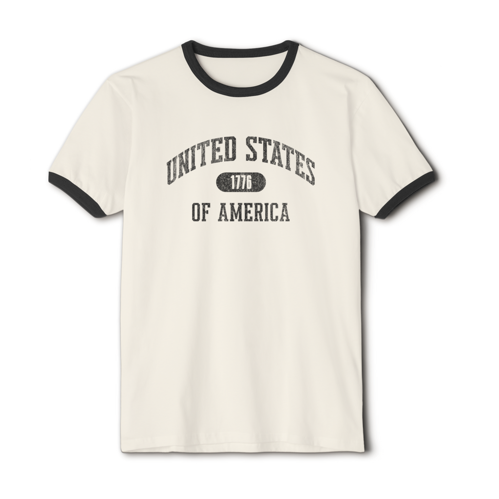 United States of America 1776 Vintage Collegiate Ringer Tee – Black Graphic – Neutrals with Black Trim