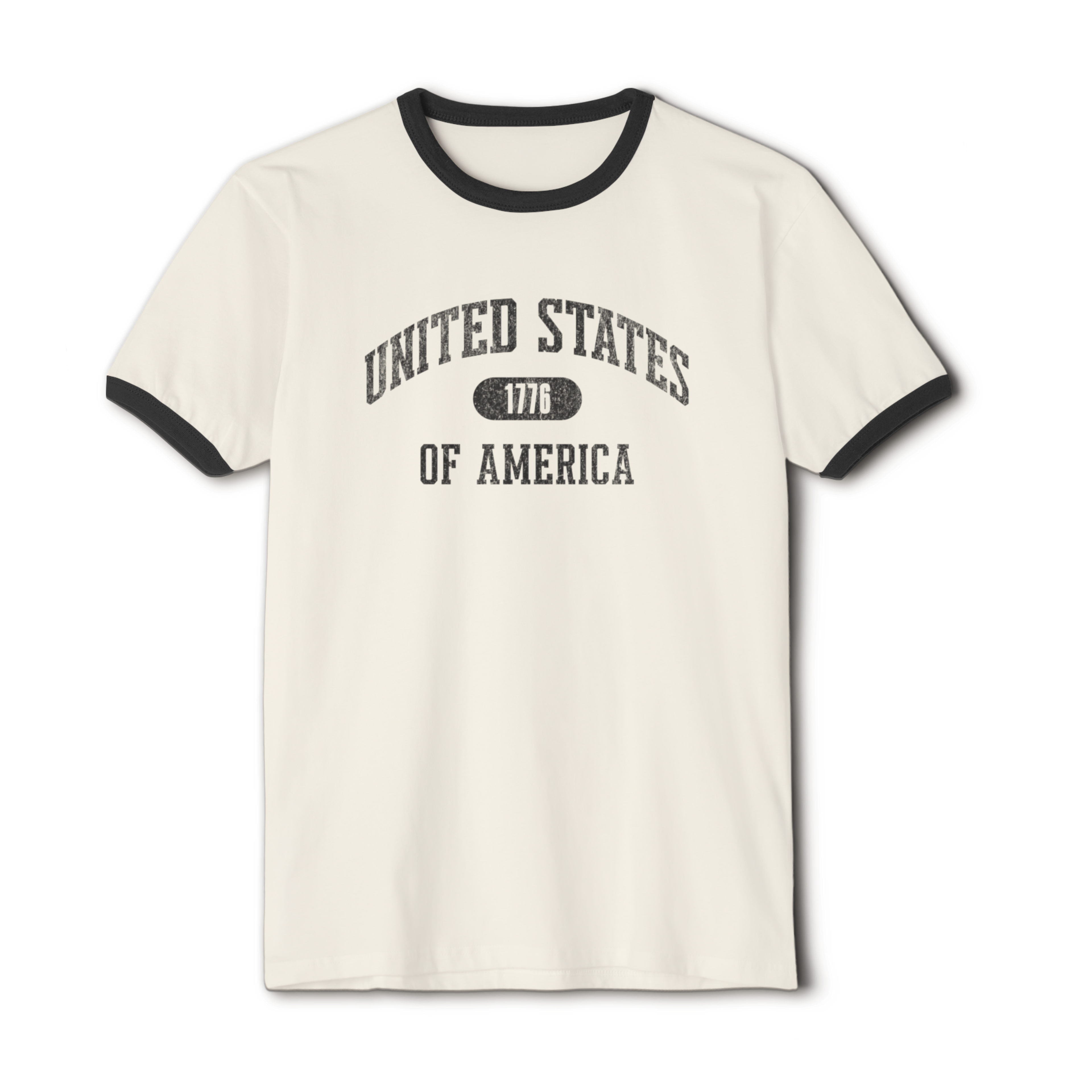 United States of America 1776 Vintage Collegiate Ringer Tee – Black Graphic – Neutrals with Black Trim