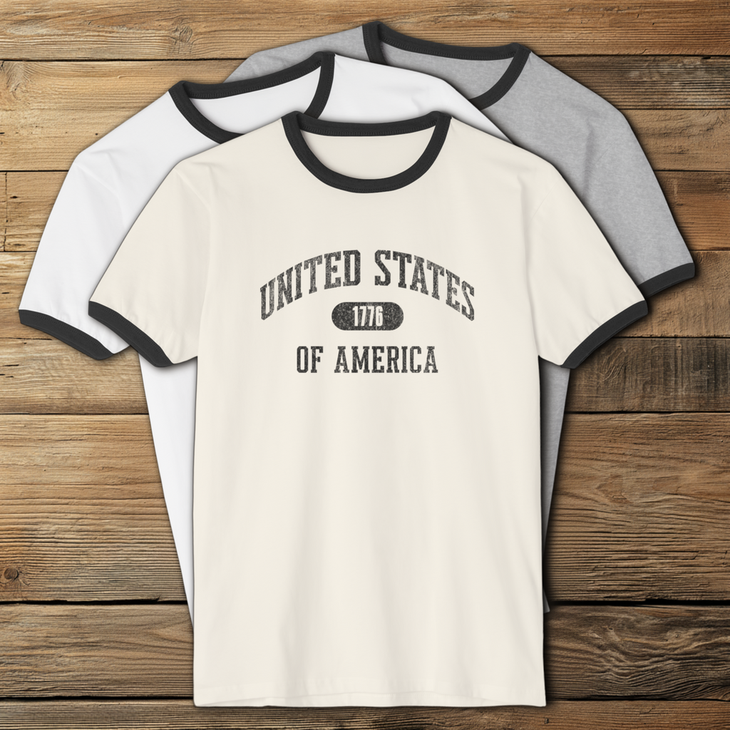 United States of America 1776 Vintage Collegiate Ringer Tee – Black Graphic – Neutrals with Black Trim