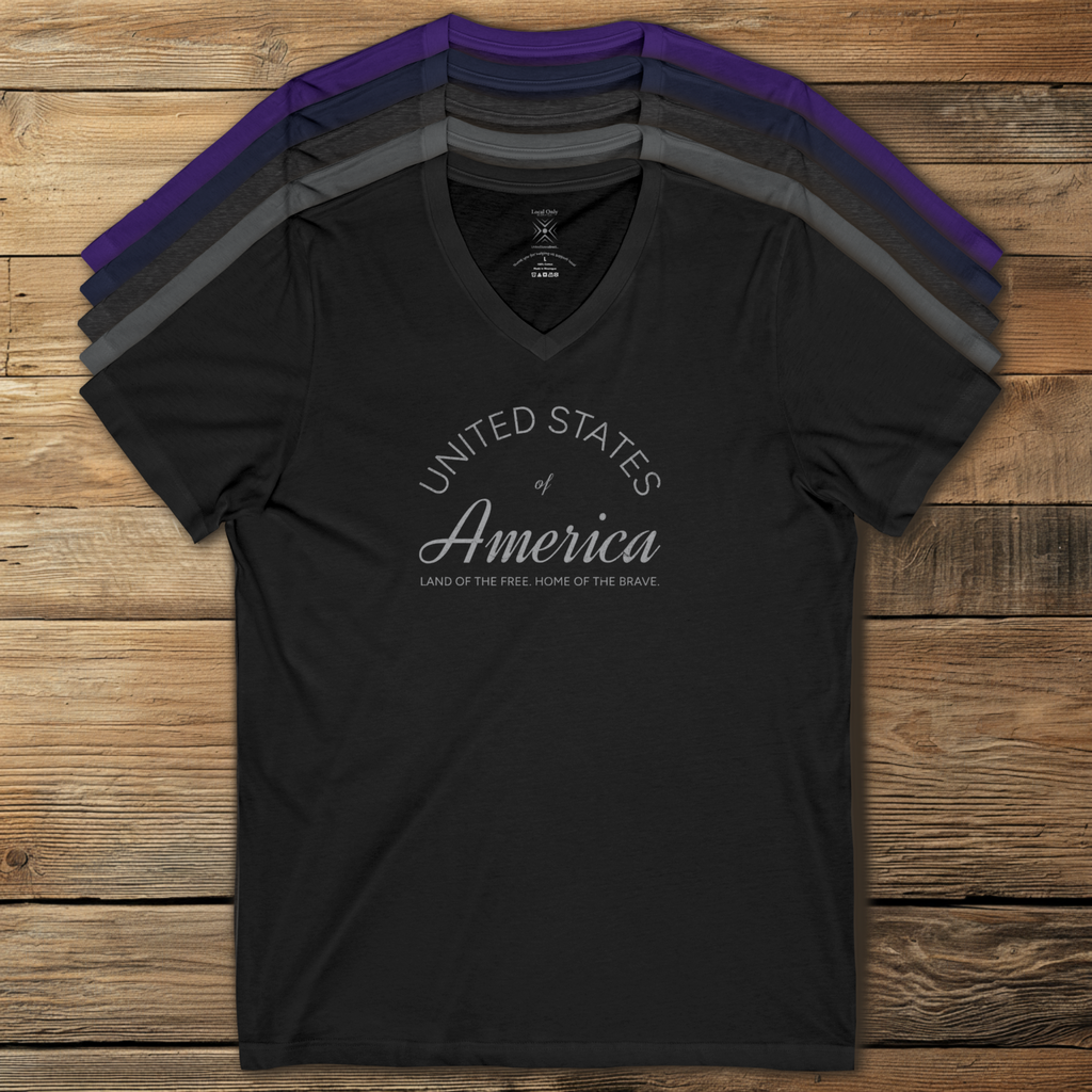United States of America Land of the Free Home of the Brave Americana Script V-Neck Tee – Silver Gray Graphic