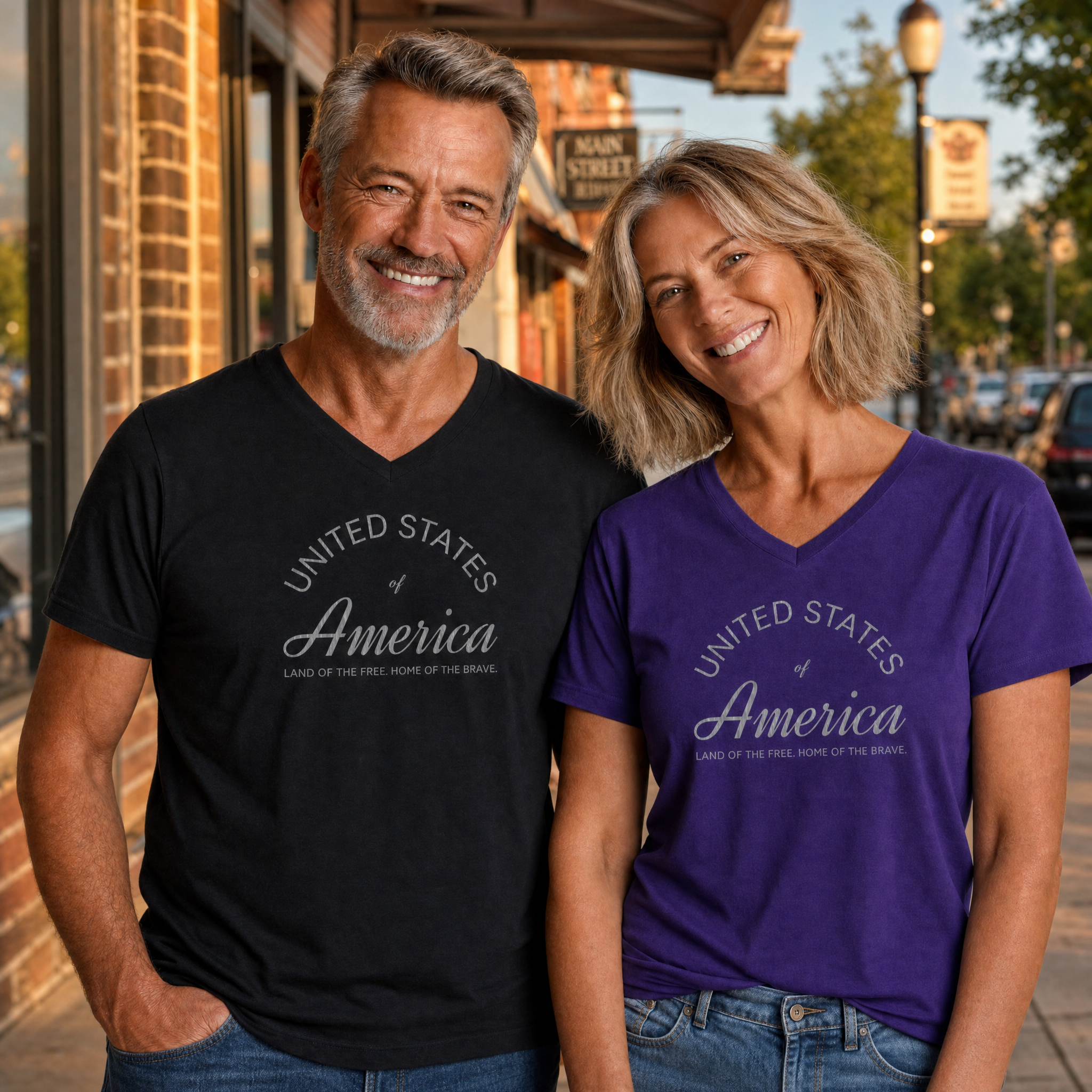 United States of America Land of the Free Home of the Brave Americana Script V-Neck Tee – Silver Gray Graphic