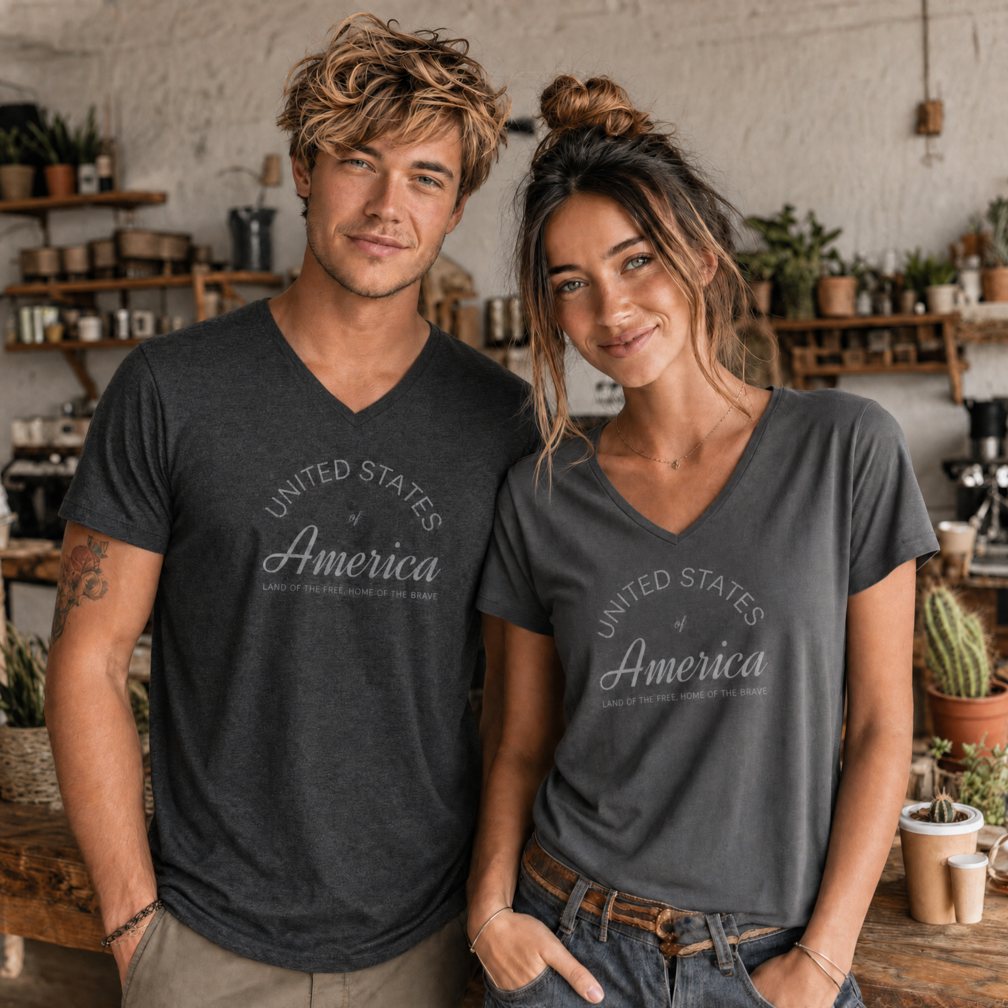 United States of America Land of the Free Home of the Brave Americana Script V-Neck Tee – Silver Gray Graphic
