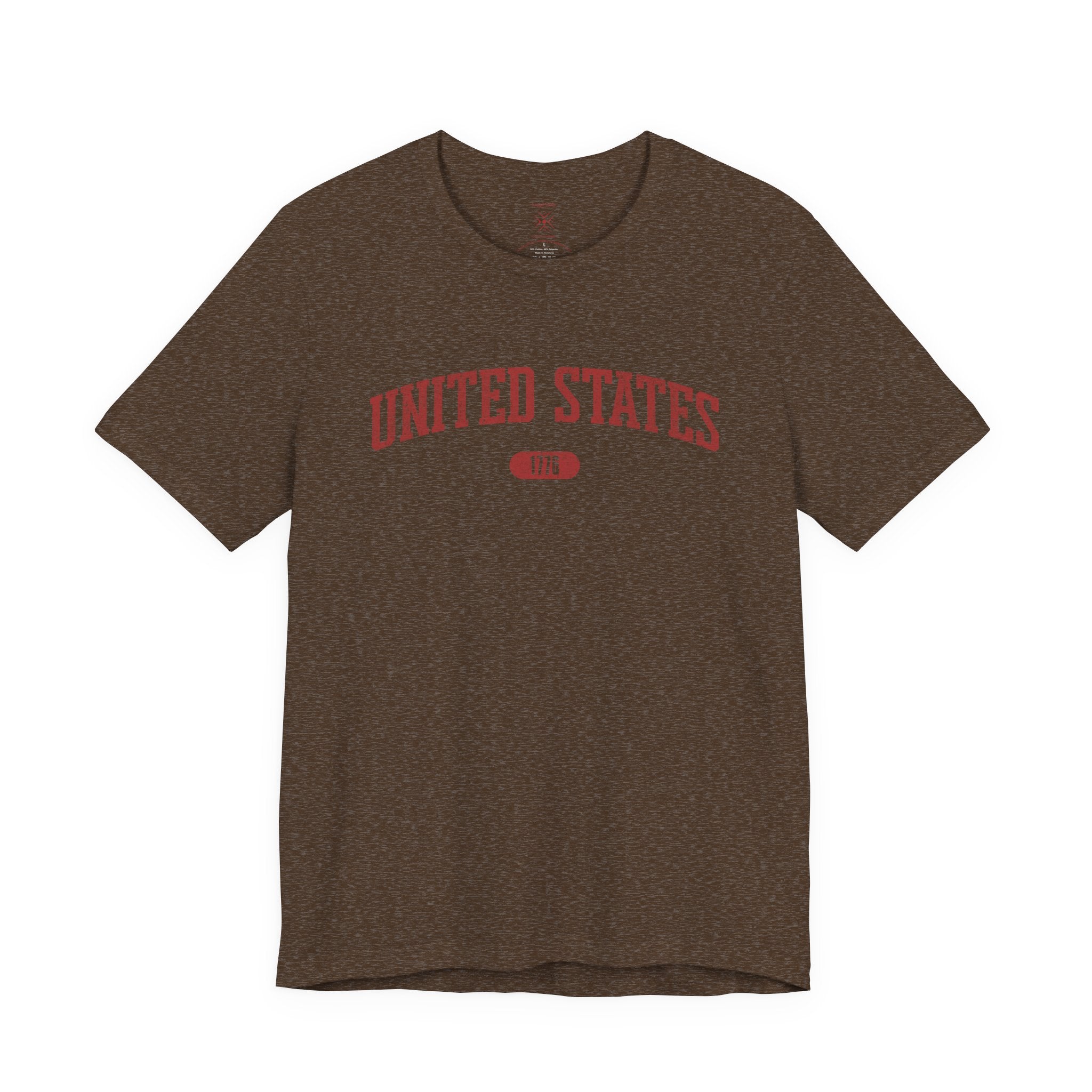 Heather Brown t-shirt with 'UNITED STATES 1776' in red collegiate text.