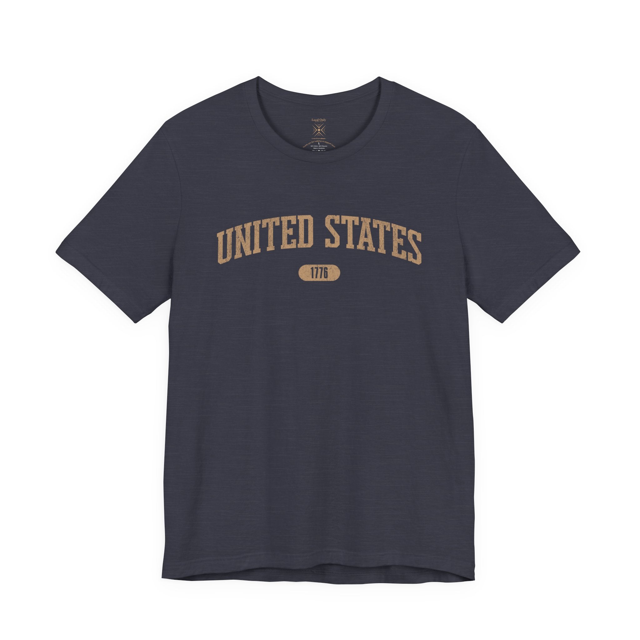 Heather Midnight Navy t-shirt with 'UNITED STATES 1776' in tan collegiate text.