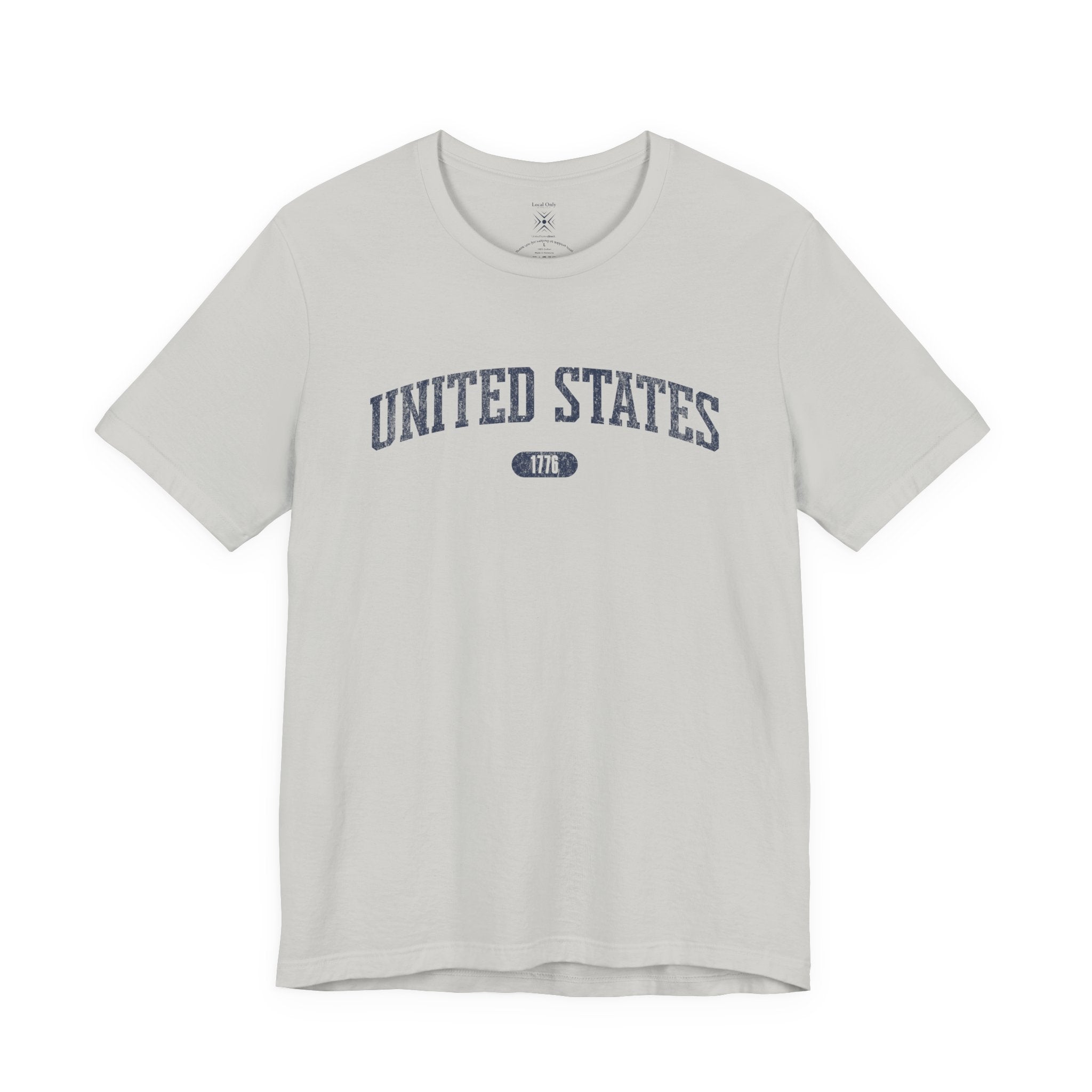 Silver t-shirt with 'UNITED STATES 1776' in navy collegiate text.