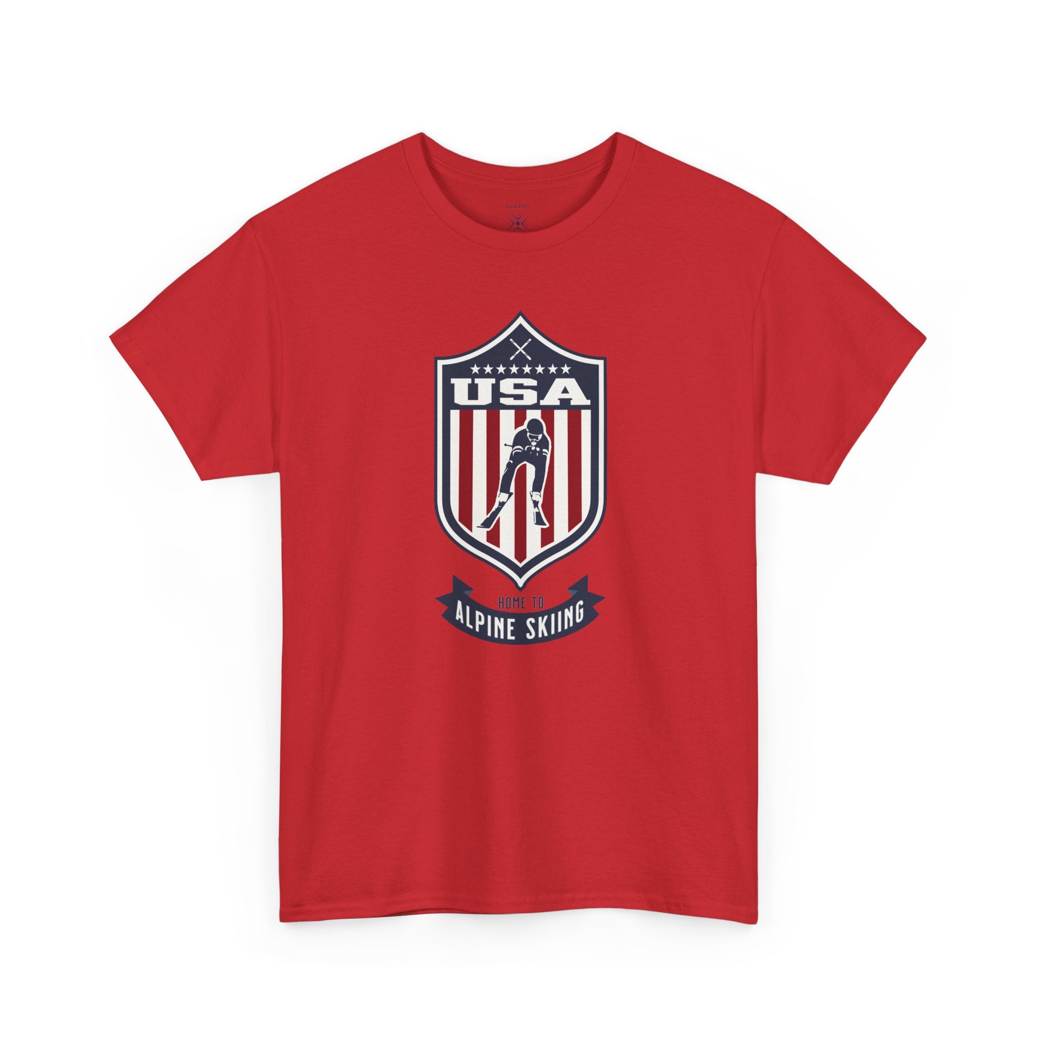 USA Home To Alpine Skiing Vintage Athletic T-Shirt – Navy Red White Crest Graphic