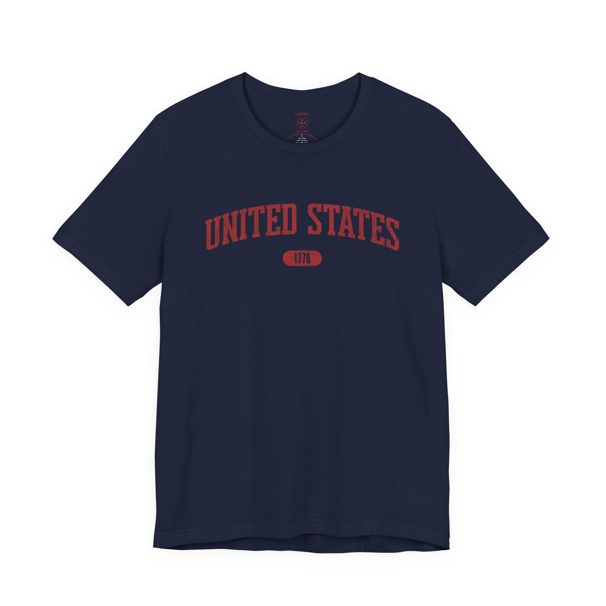Navy t-shirt with 'UNITED STATES 1776' in red collegiate text