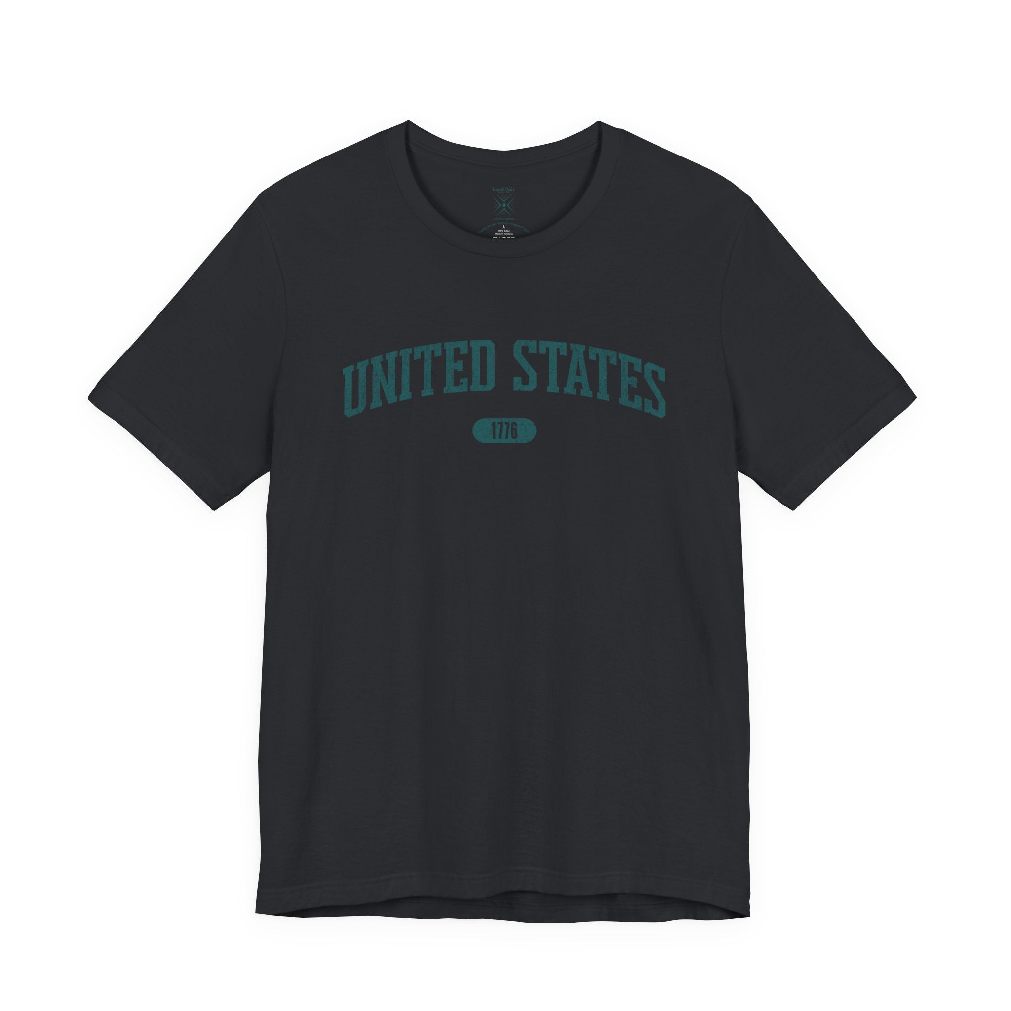 Vintage Black t-shirt with 'UNITED STATES 1776' in teal collegiate text.