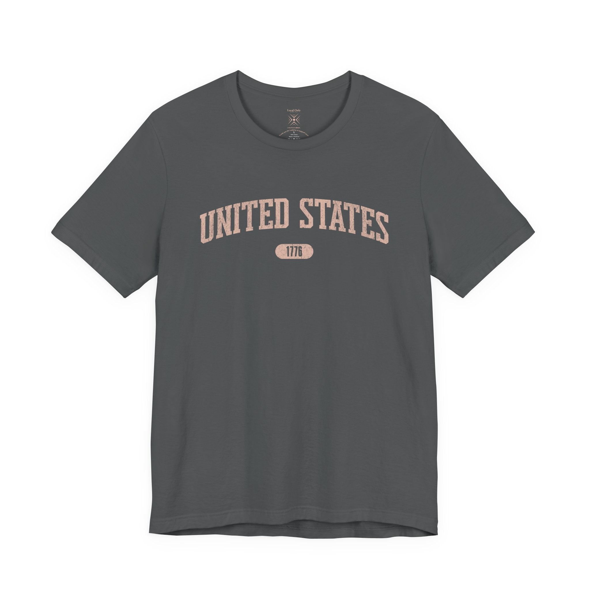 Asphalt t-shirt with 'UNITED STATES 1776' in transcendent pink collegiate text.