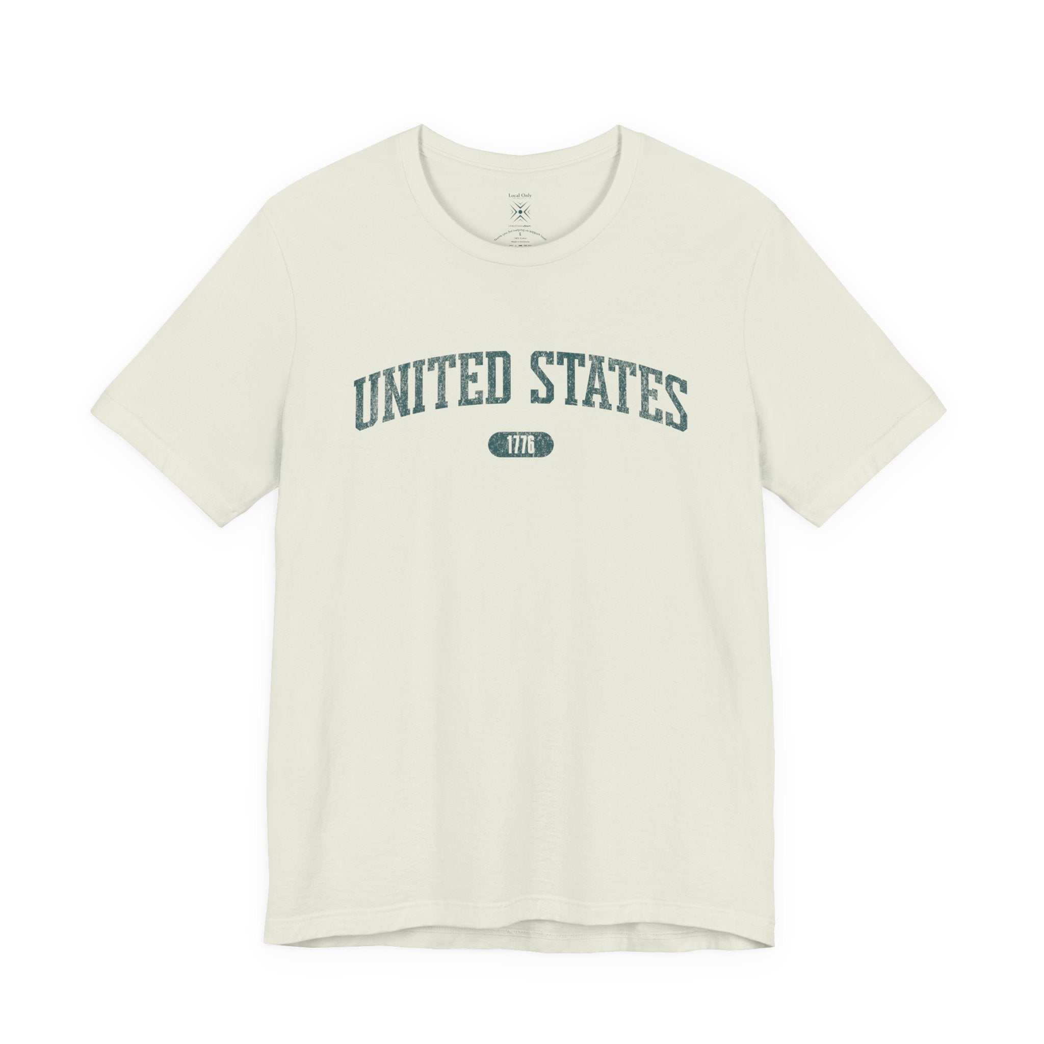 Citron t-shirt with 'UNITED STATES 1776' in teal collegiate text.