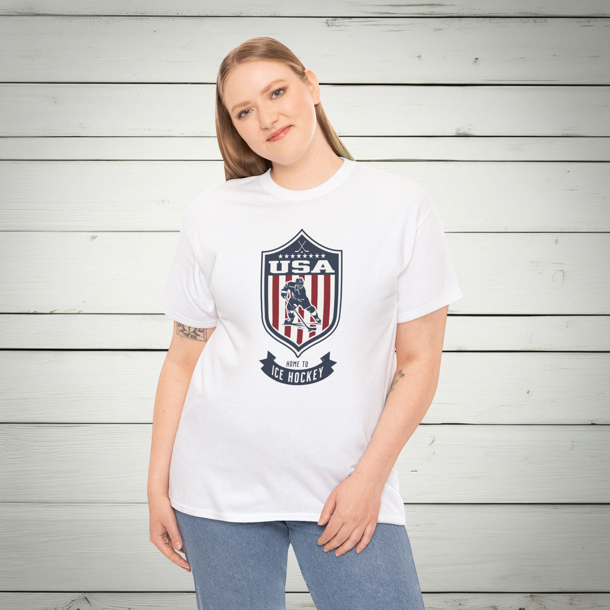 USA Home To Ice Hockey Vintage Athletic T-Shirt – Navy Red White Crest Graphic