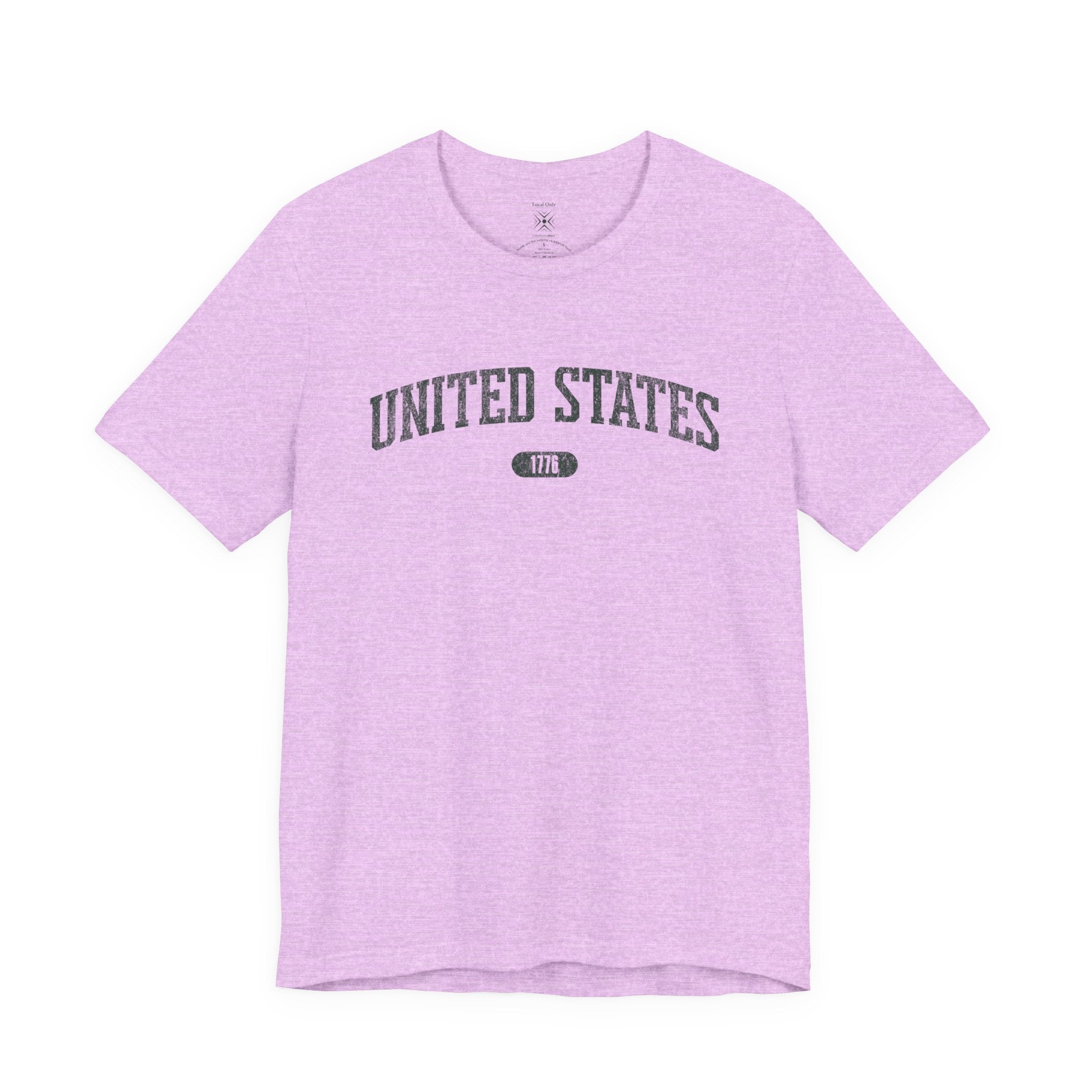 Heather Prism Lilac t-shirt with 'UNITED STATES 1776' in forest green collegiate text.