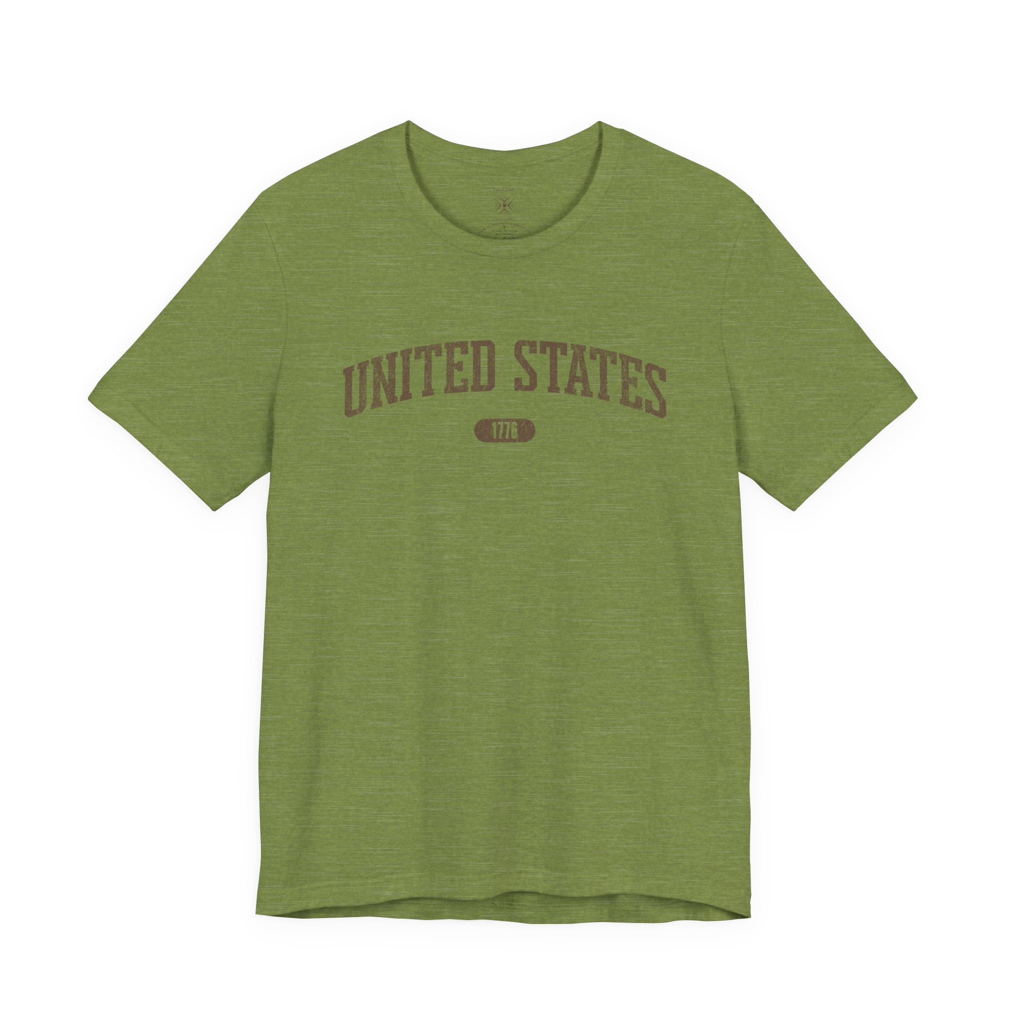Heather Green t-shirt with 'UNITED STATES 1776' in brown collegiate text.