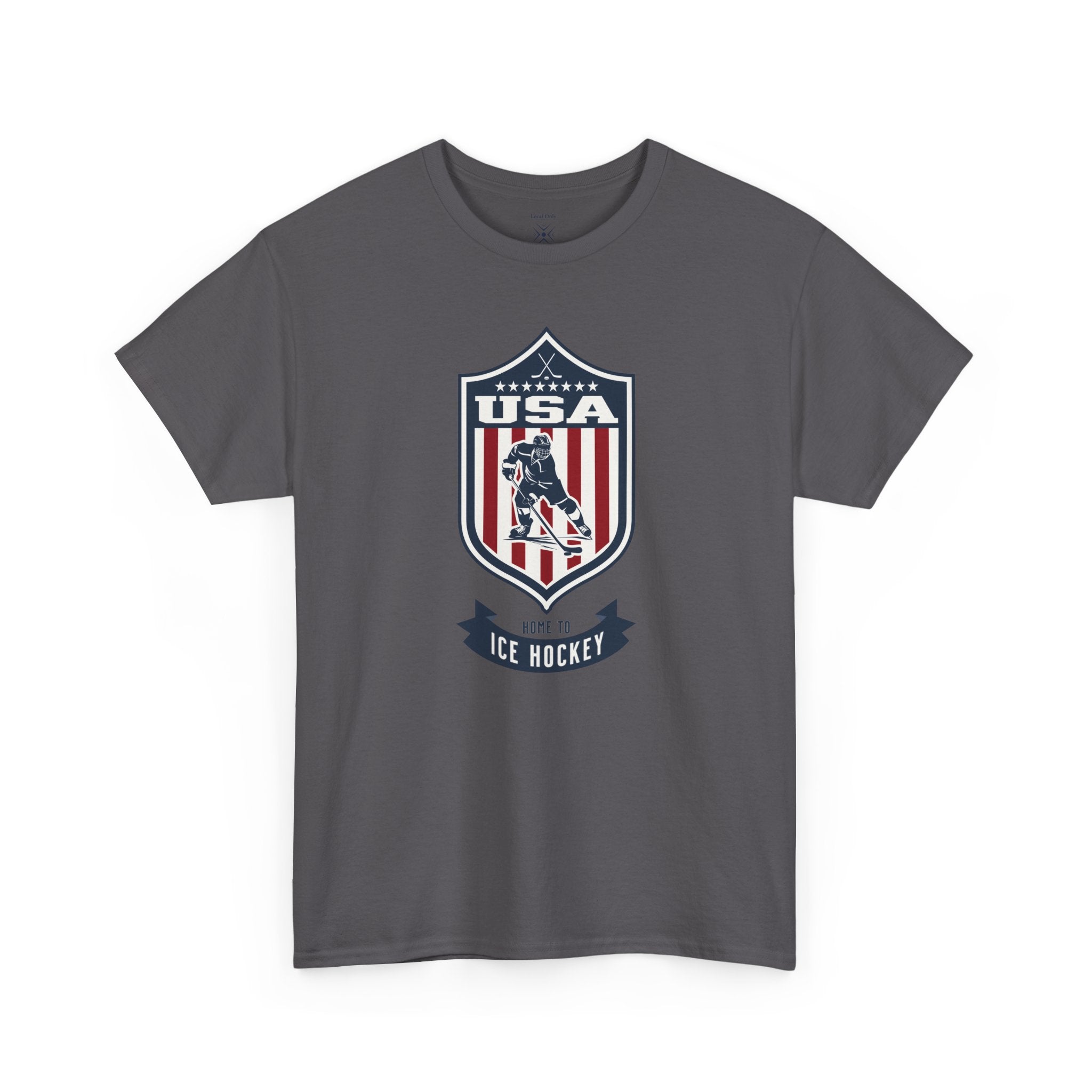 USA Home To Ice Hockey Vintage Athletic T-Shirt – Navy Red White Crest Graphic