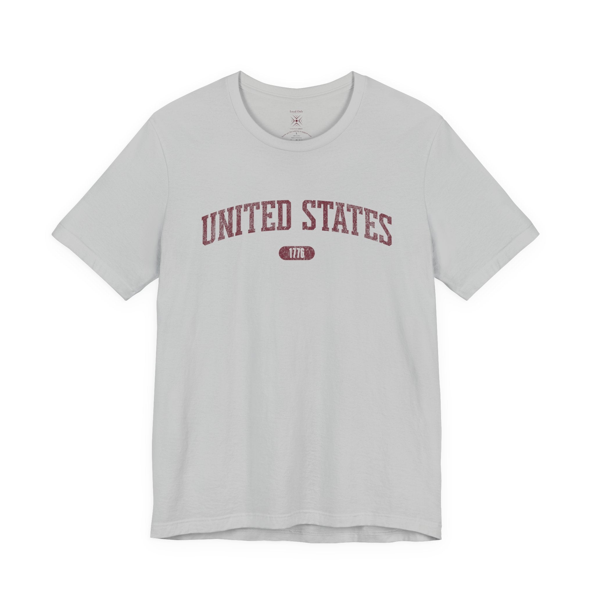 Solid Athletic Gray t-shirt with 'UNITED STATES 1776' in burgundy collegiate text.
