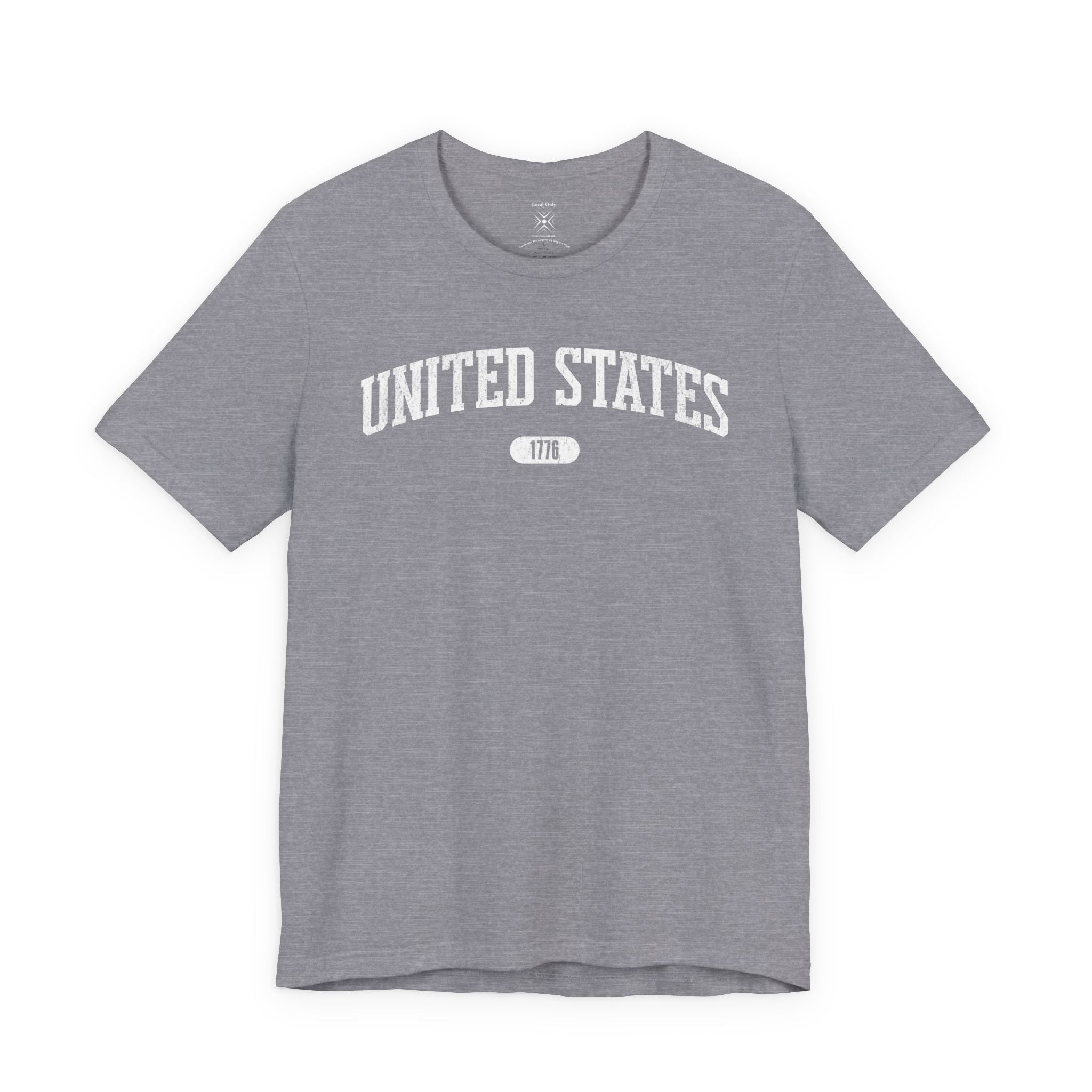 Heather Storm t-shirt with 'UNITED STATES 1776' white collegiate text.