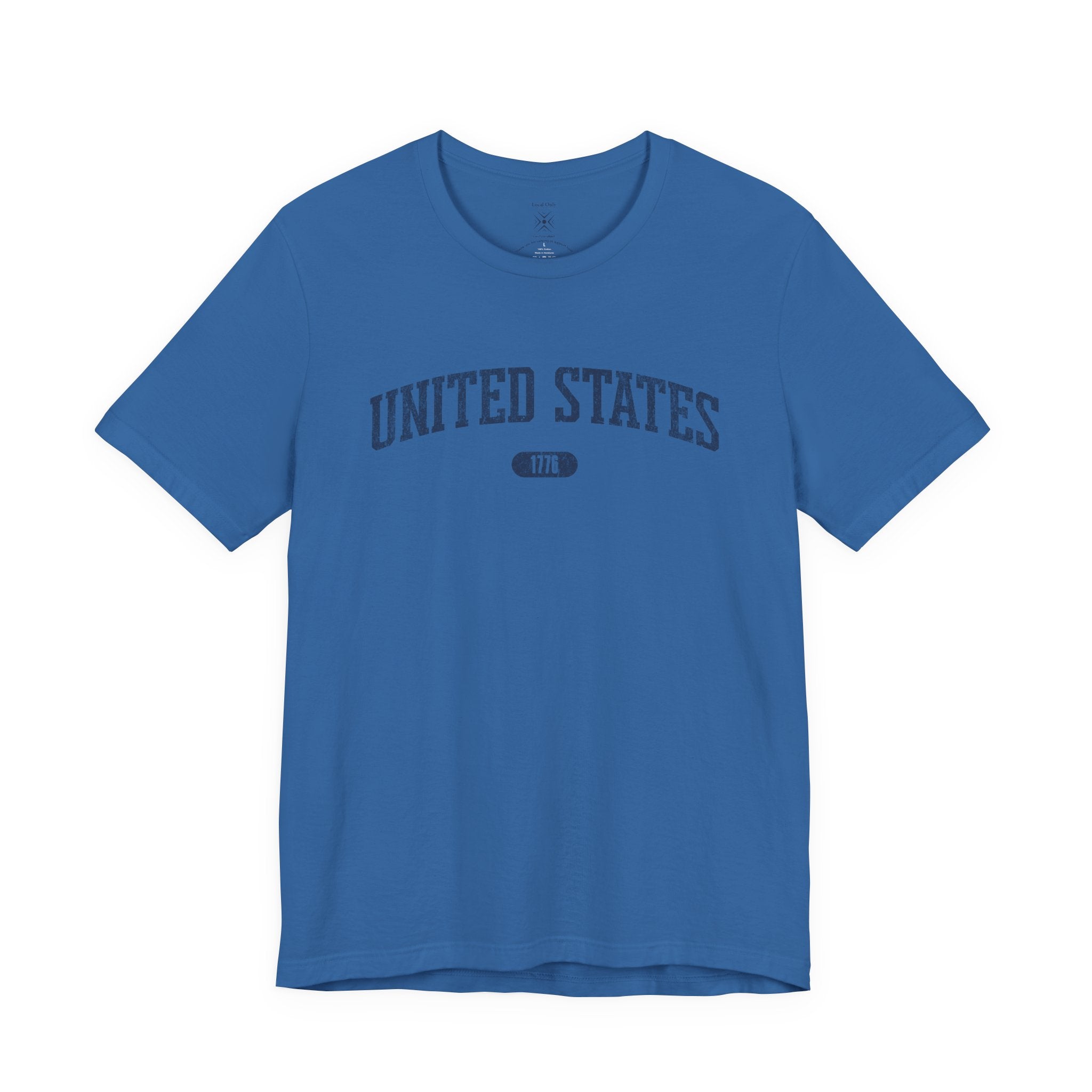 Columbia Blue t-shirt with 'UNITED STATES 1776' in navy collegiate text.