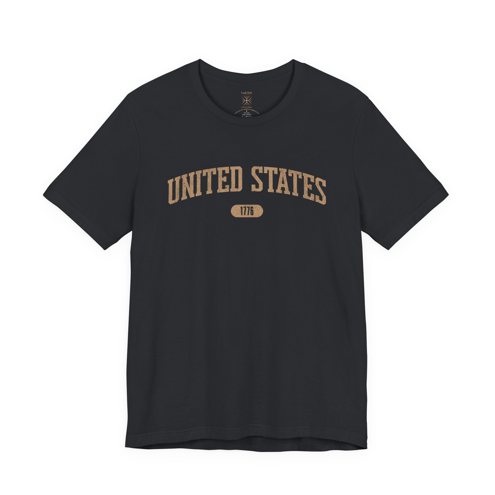 Vintage Black t-shirt with 'UNITED STATES 1776' in tan collegiate text.