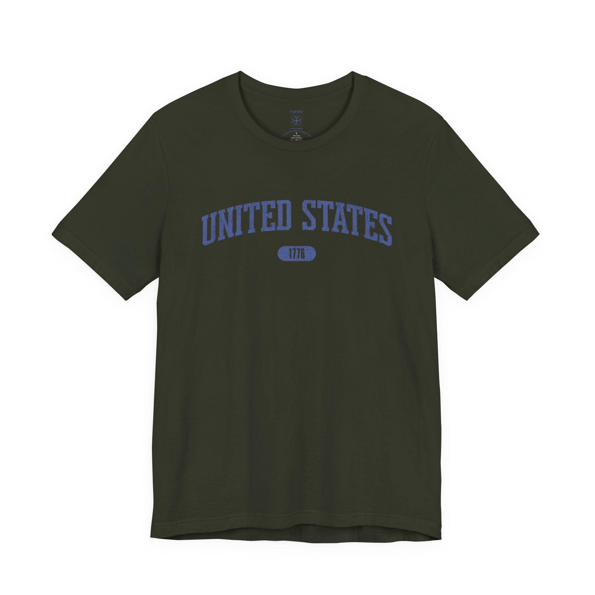Dark Olive t-shirt with 'UNITED STATES 1776' in blue collegiate text.