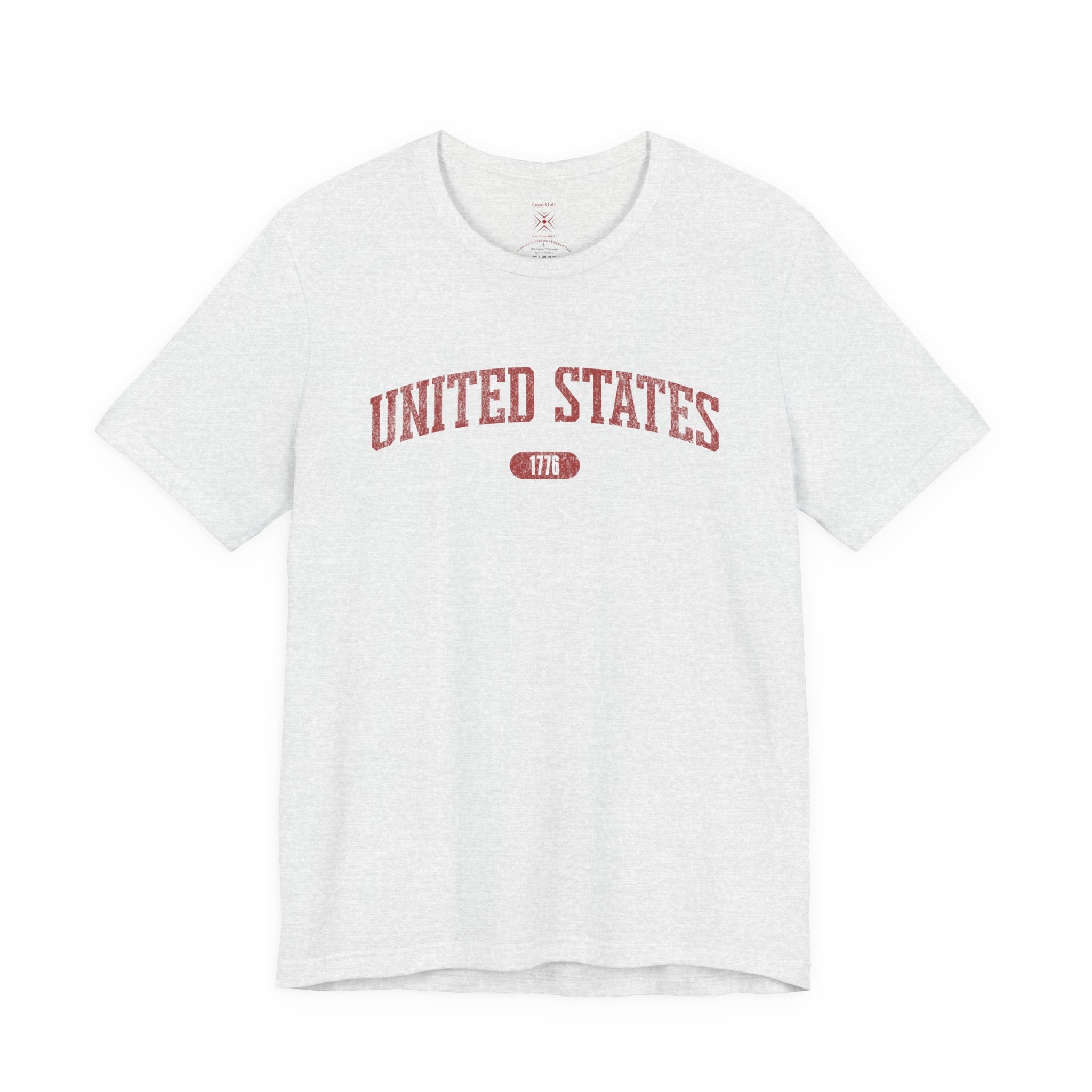 Ash t-shirt with 'UNITED STATES 1776' in red collegiate text.