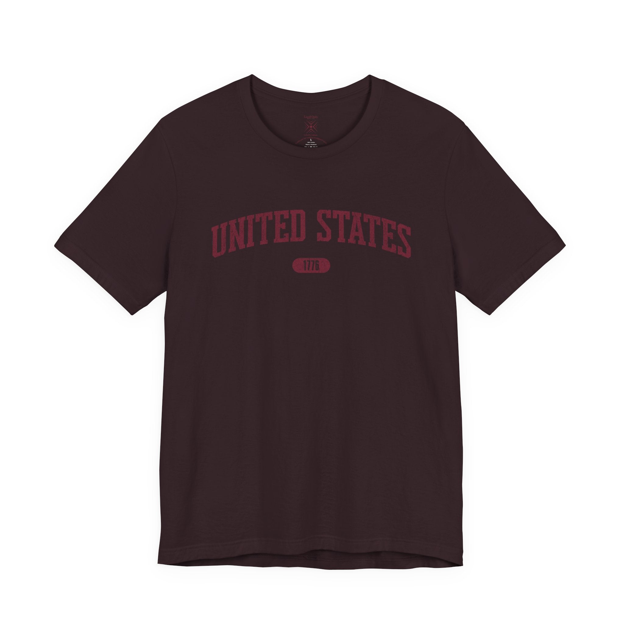 Oxblood Black t-shirt with 'UNITED STATES 1776' in burgundy collegiate text.