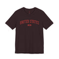 Oxblood Black t-shirt with 'UNITED STATES 1776' in red collegiate text.