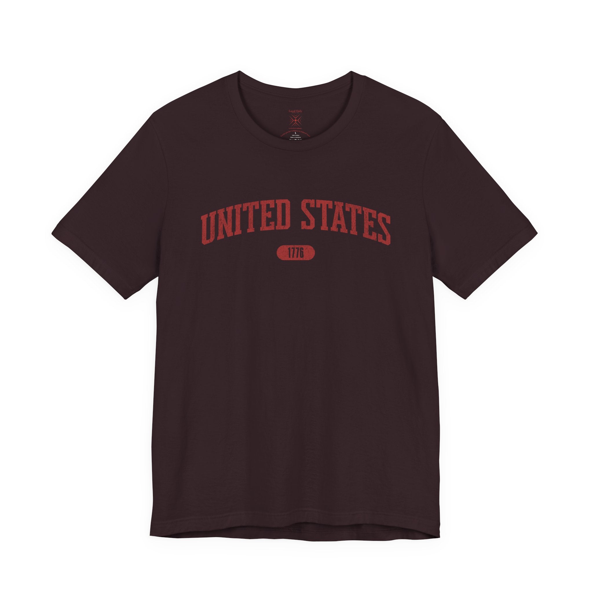 Oxblood Black t-shirt with 'UNITED STATES 1776' in red collegiate text.