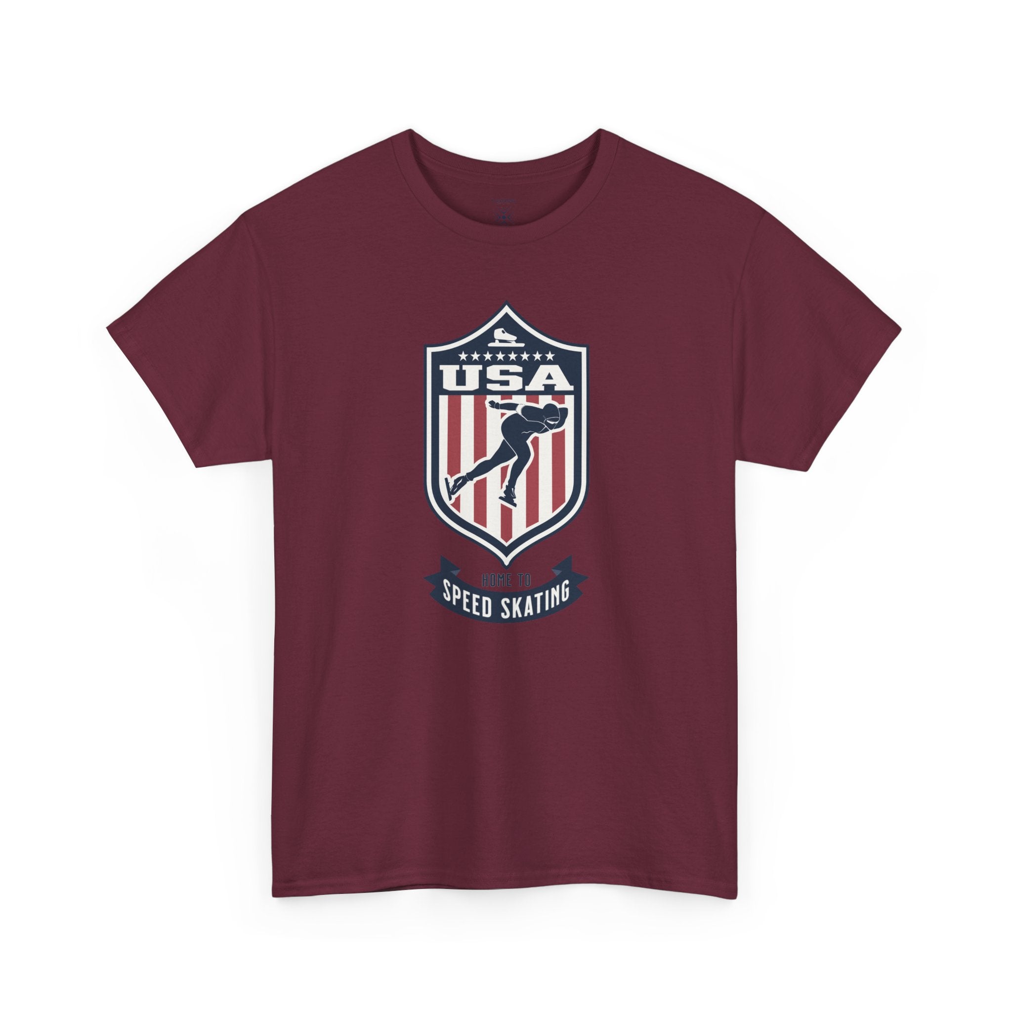 USA Home To Speed Skating Vintage Athletic T-Shirt – Navy Red White Crest Graphic