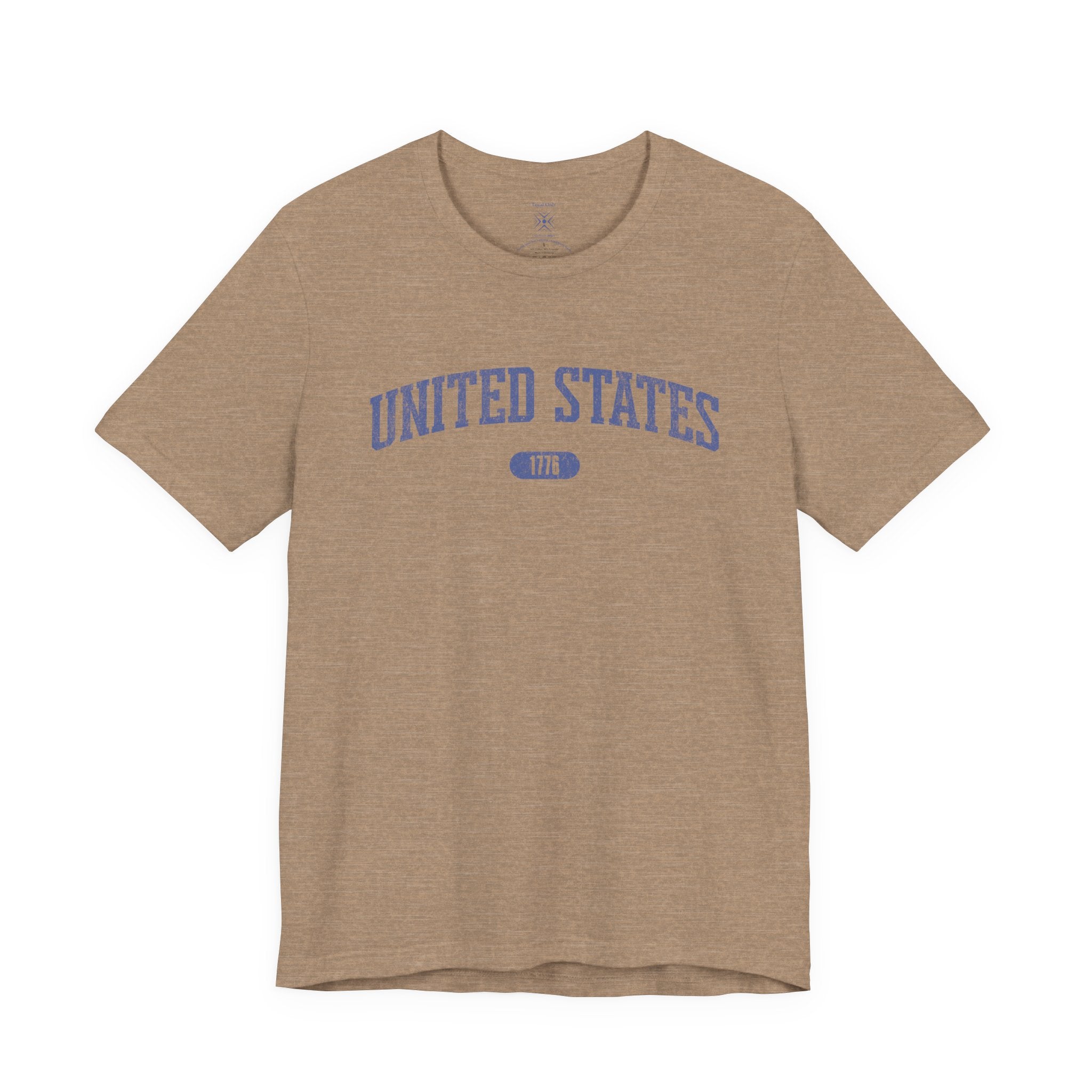 Heather Tan t-shirt with 'UNITED STATES 1776' in blue collegiate text.