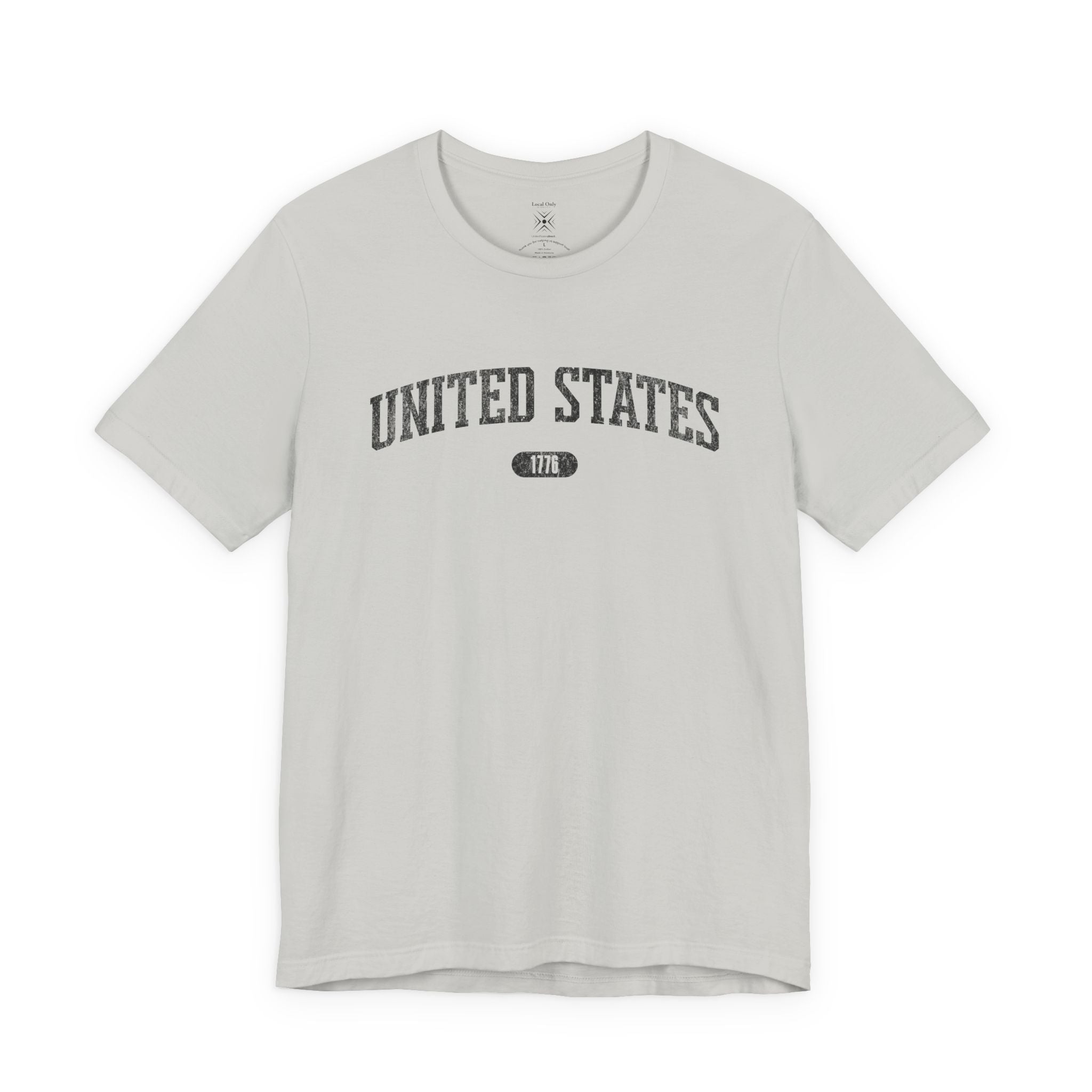 Silver t-shirt with 'UNITED STATES 1776' black collegiate text.