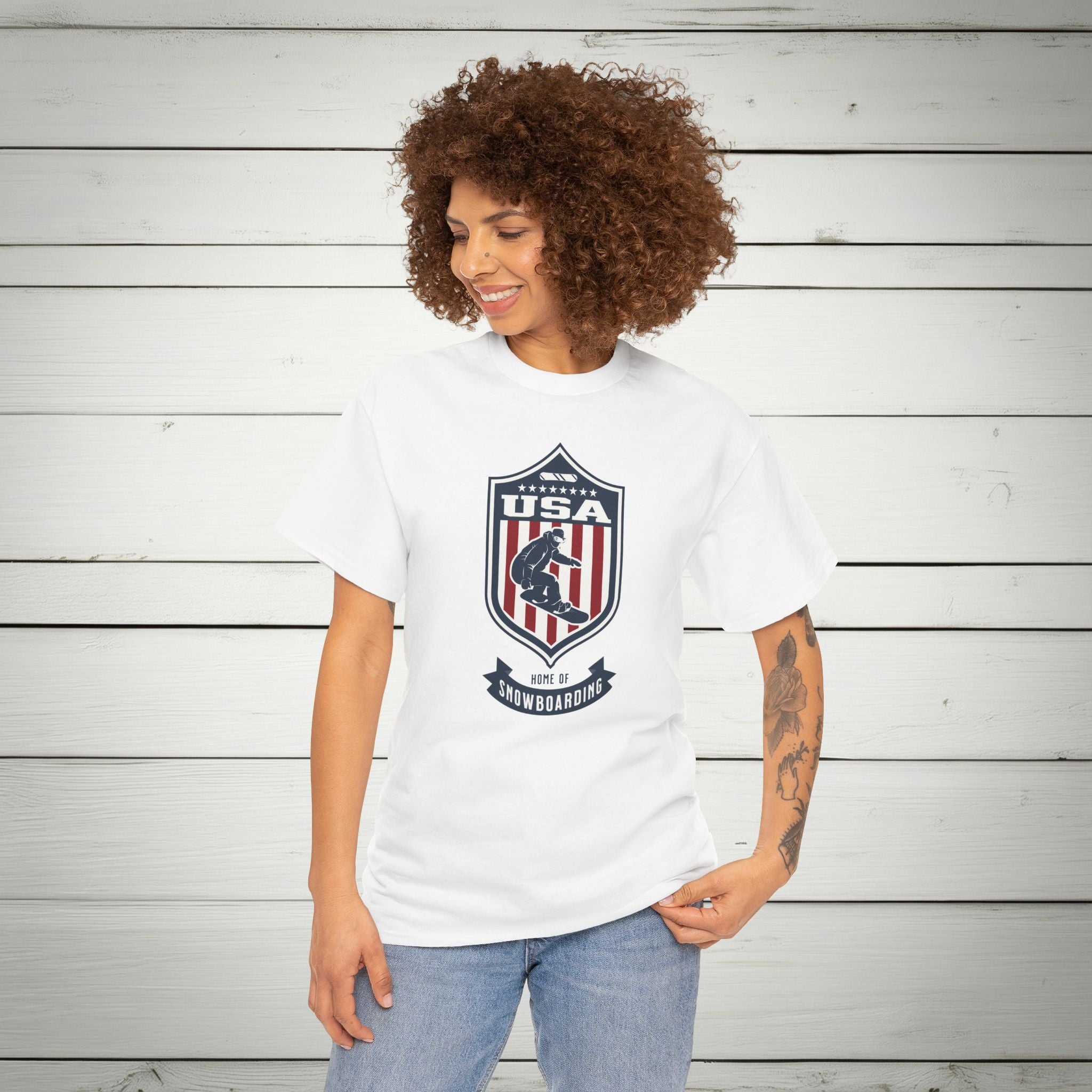 USA Home Of Snowboarding Vintage Athletic T-Shirt – Navy Red White Crest Graphic
