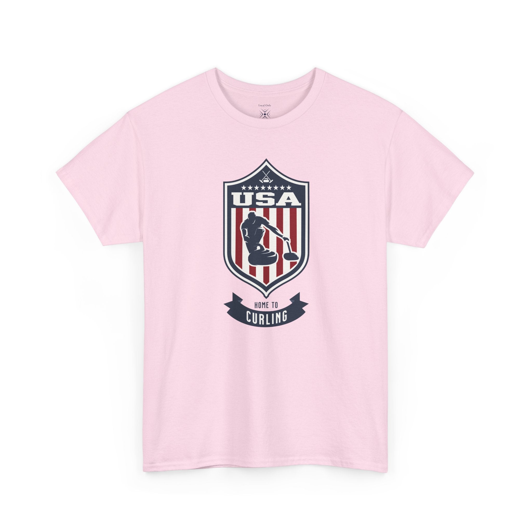 USA Home To Curling Vintage Athletic T-Shirt – Navy Red White Crest Graphic