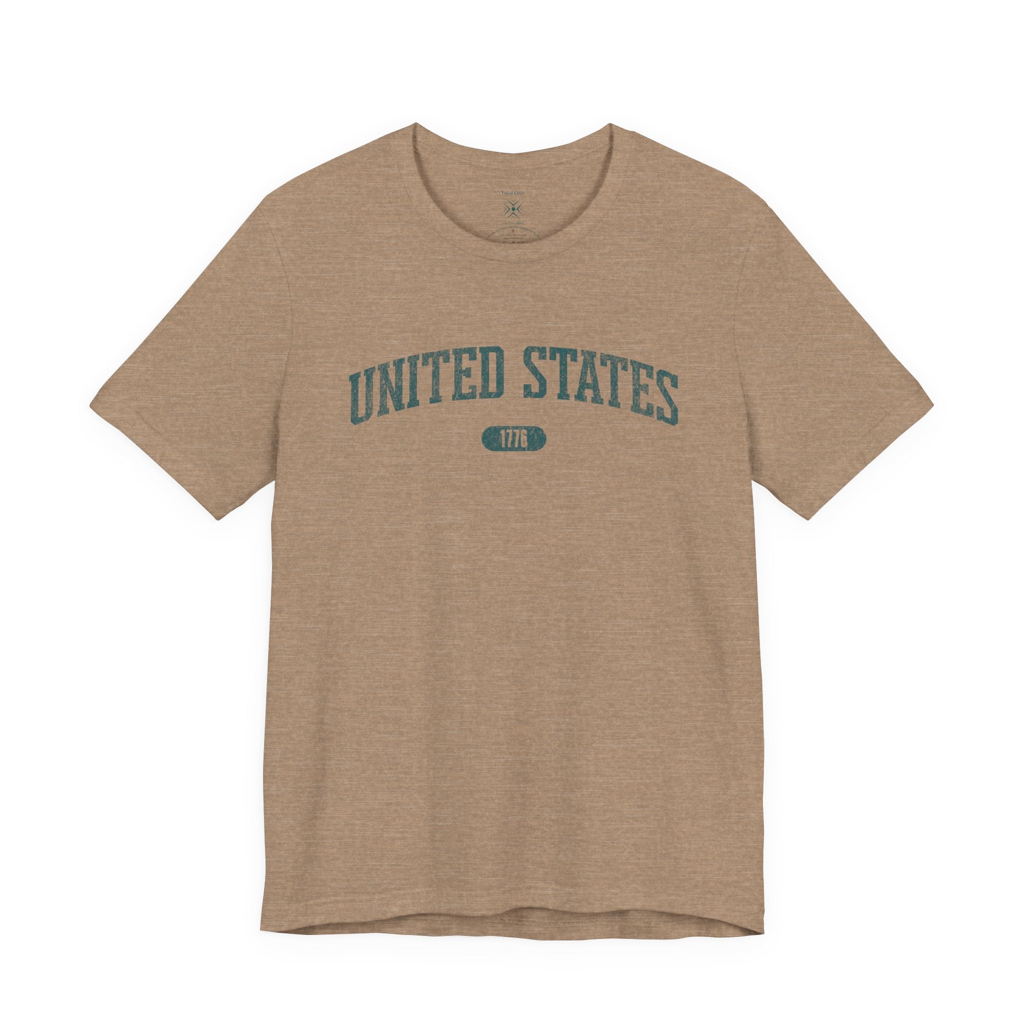 Heather Tan t-shirt with 'UNITED STATES 1776' in teal collegiate text.