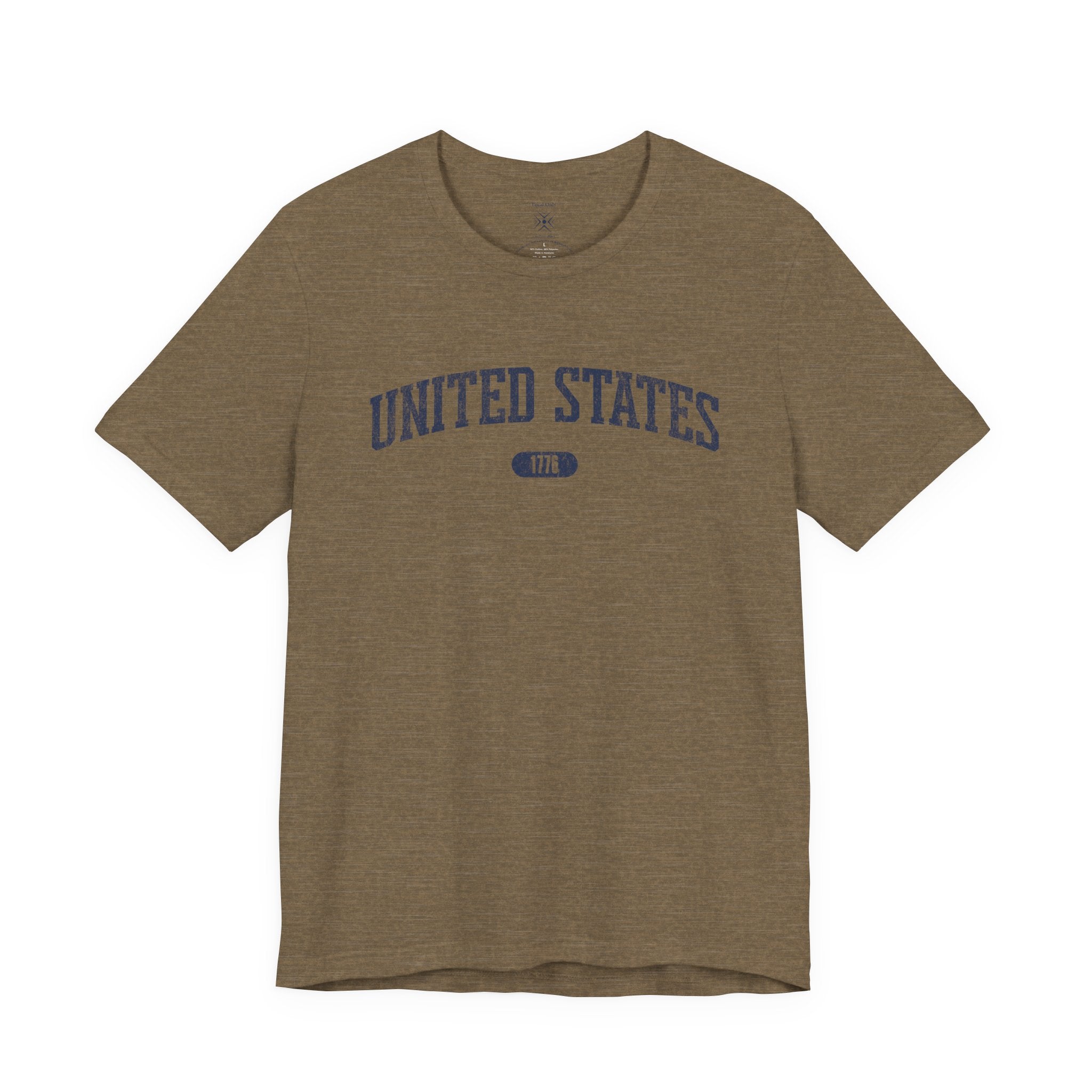 Heather Olive t-shirt with 'UNITED STATES 1776' in navy collegiate text.