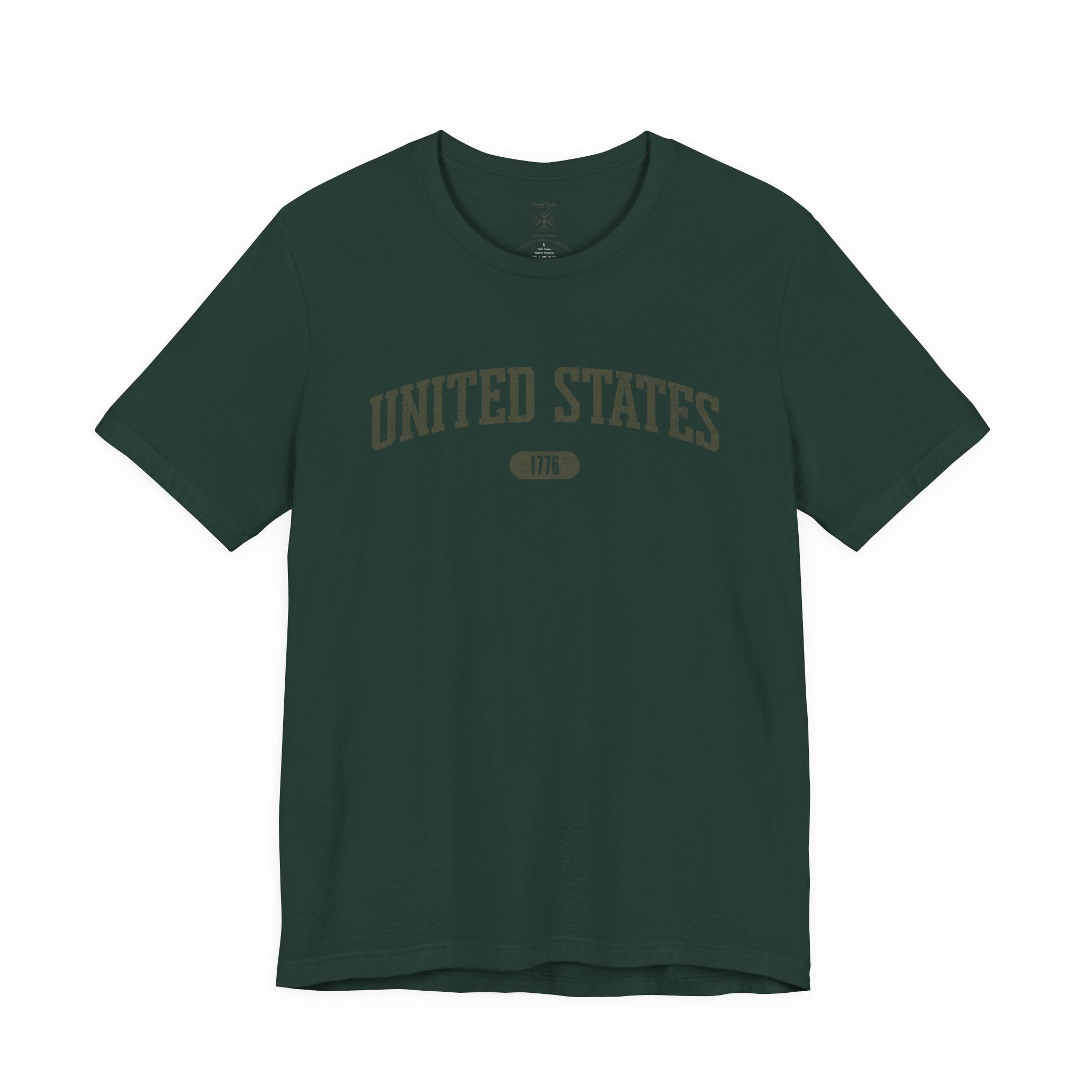 Forest t-shirt with 'UNITED STATES 1776' in olive green collegiate text.