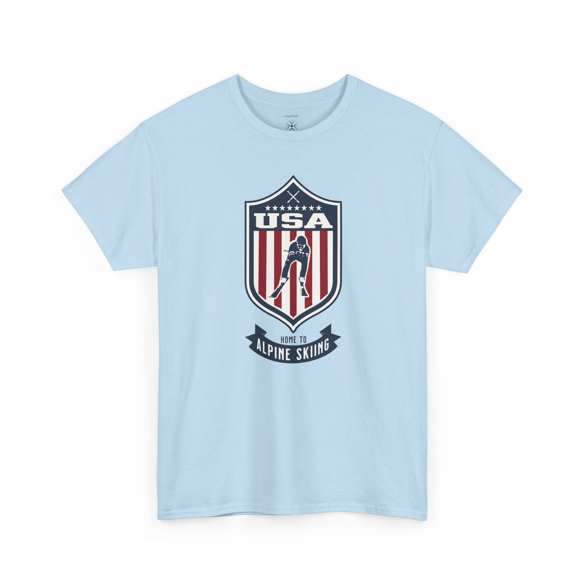 USA Home To Alpine Skiing Vintage Athletic T-Shirt – Navy Red White Crest Graphic