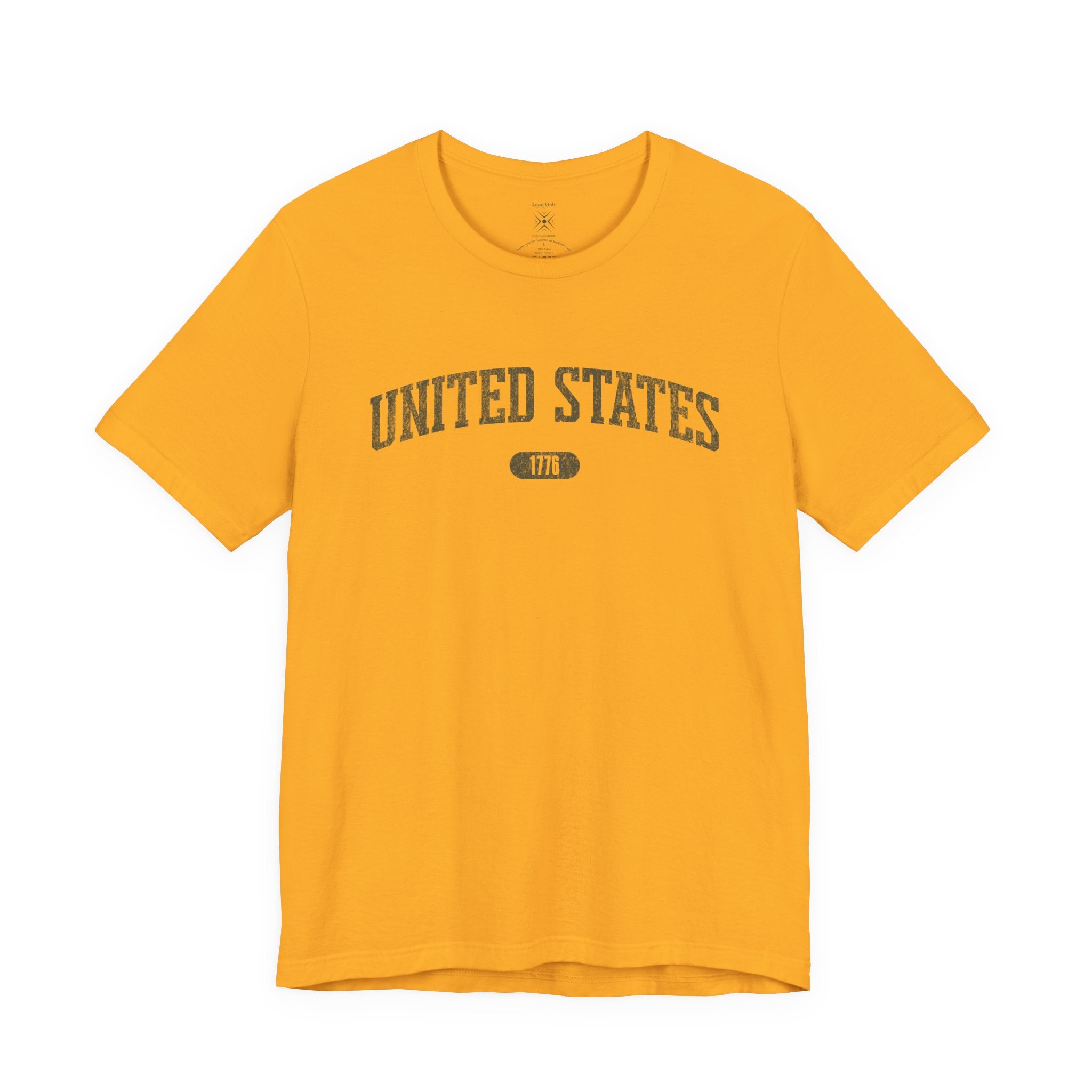 Gold t-shirt with 'UNITED STATES 1776' in olive green collegiate text.
