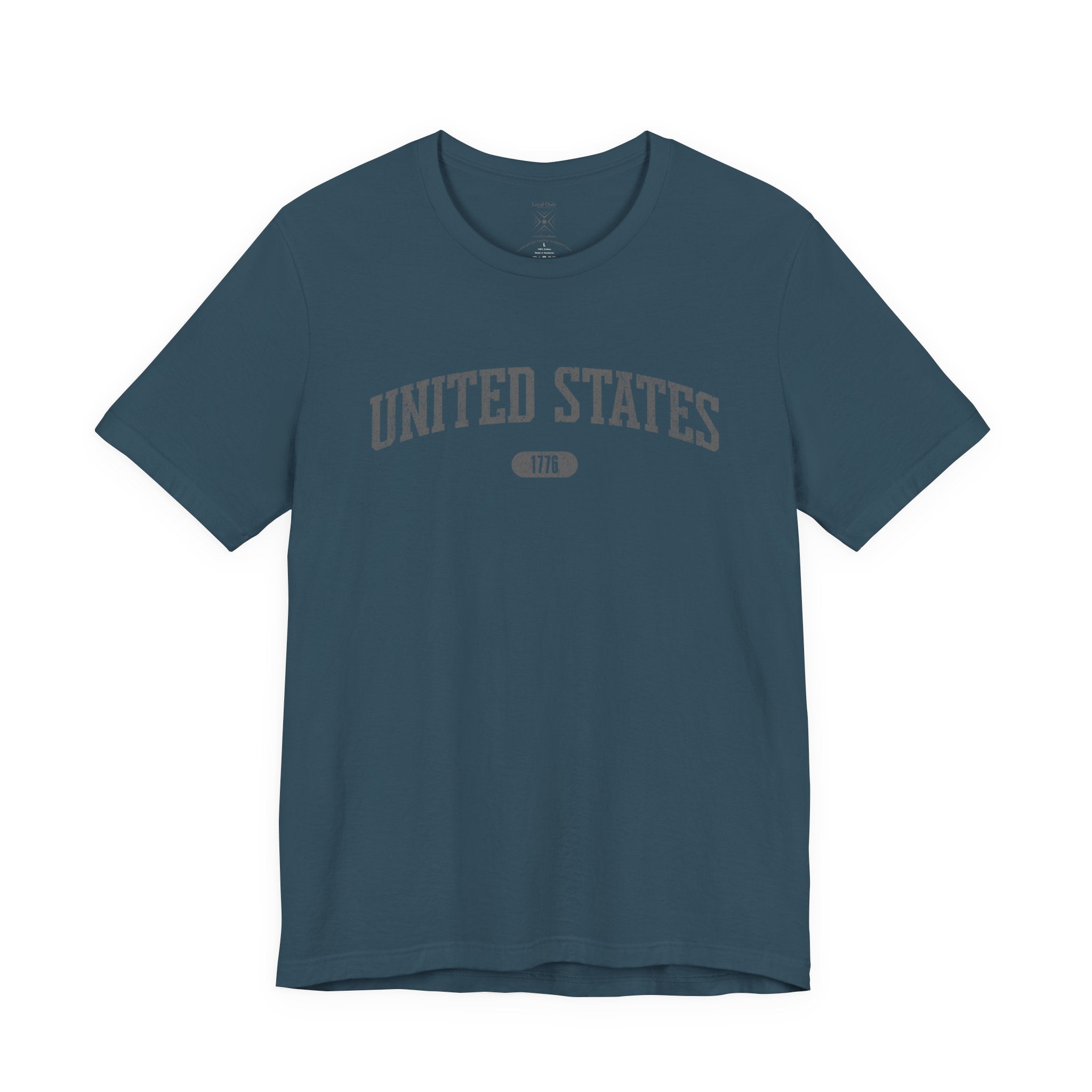 Deep Teal t-shirt with 'UNITED STATES 1776' in gray collegiate text.