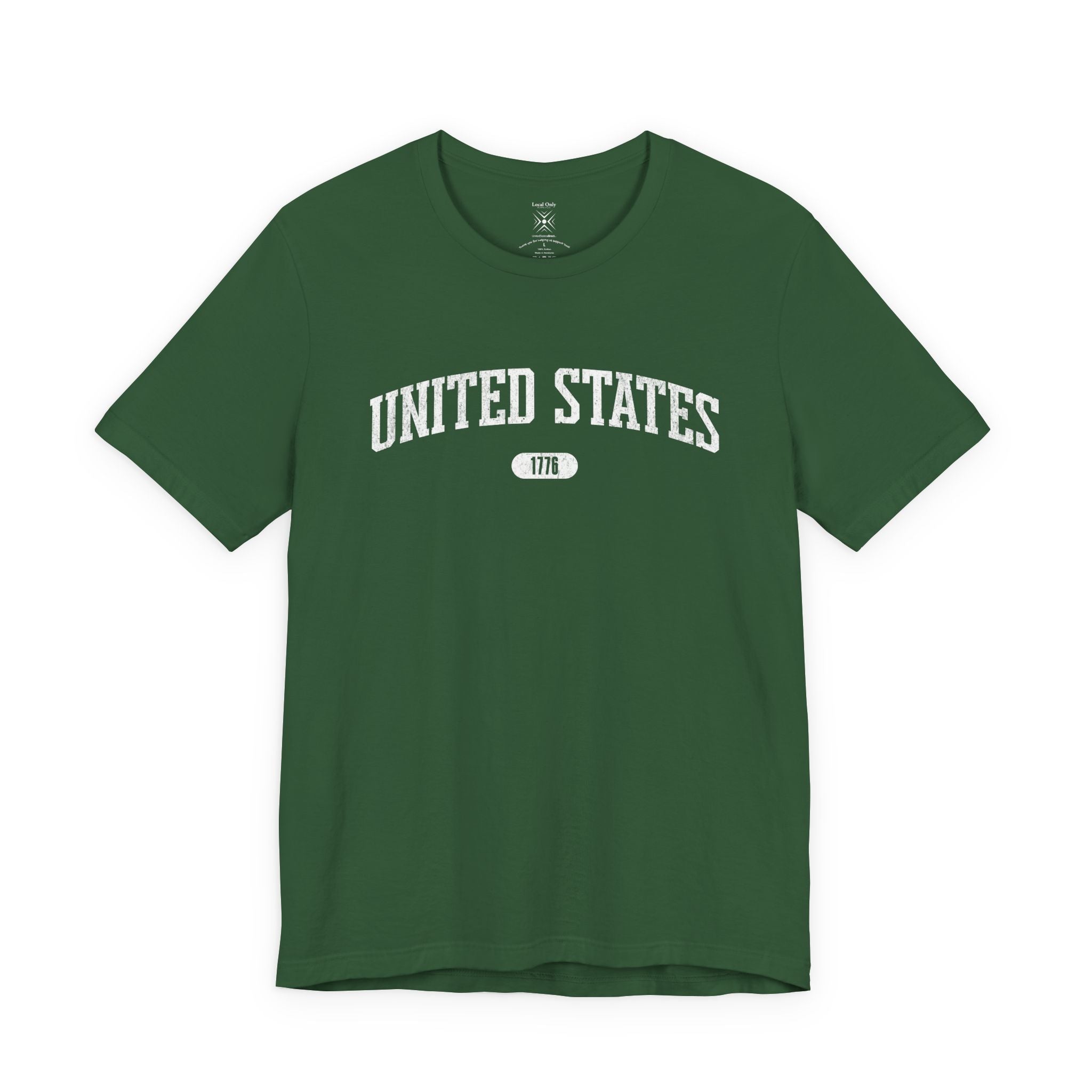Evergreen t-shirt with 'UNITED STATES 1776' white collegiate text.