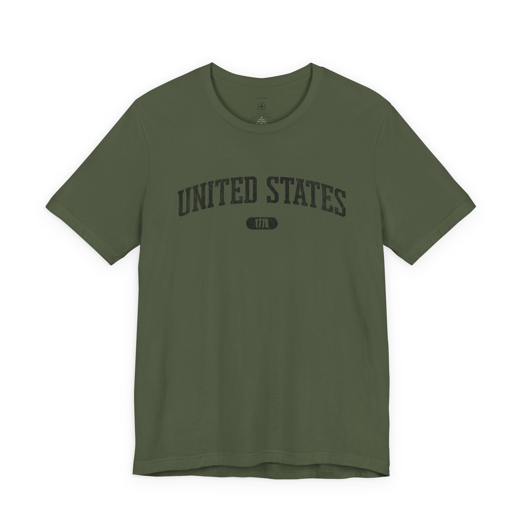 Military Green t-shirt with 'UNITED STATES 1776' black collegiate text.
