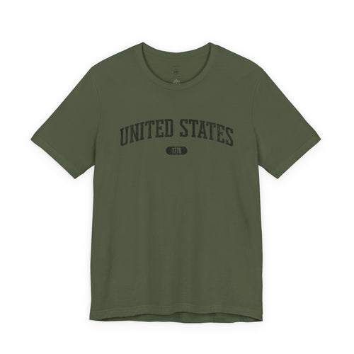 Military Green t-shirt with 'UNITED STATES 1776' black collegiate text.