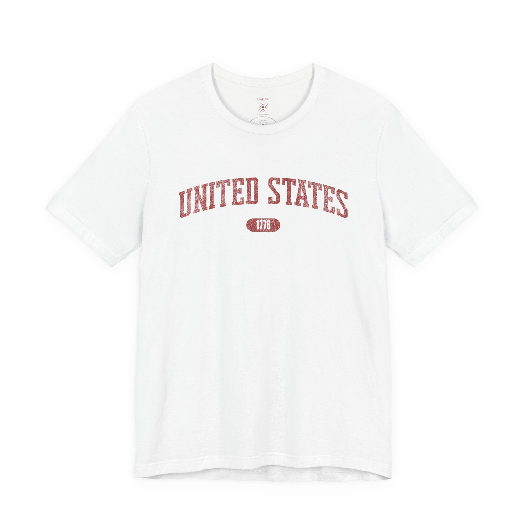 White t-shirt with 'UNITED STATES 1776' in red collegiate text.