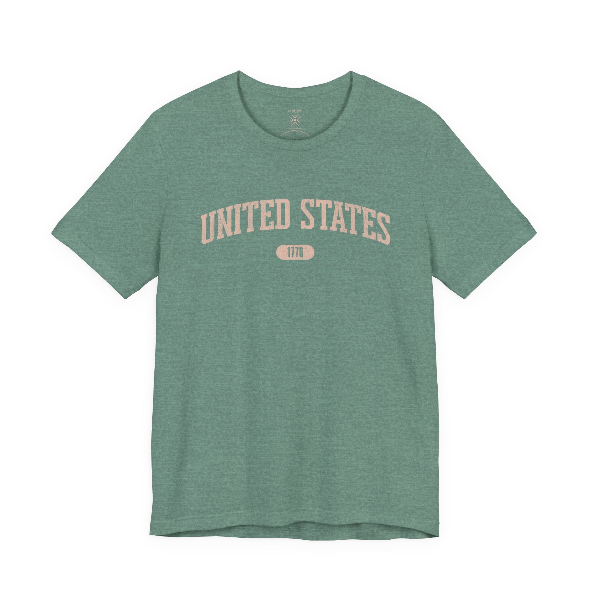 Heather Dusty Blue t-shirt with 'UNITED STATES 1776' in transcendent pink collegiate text.